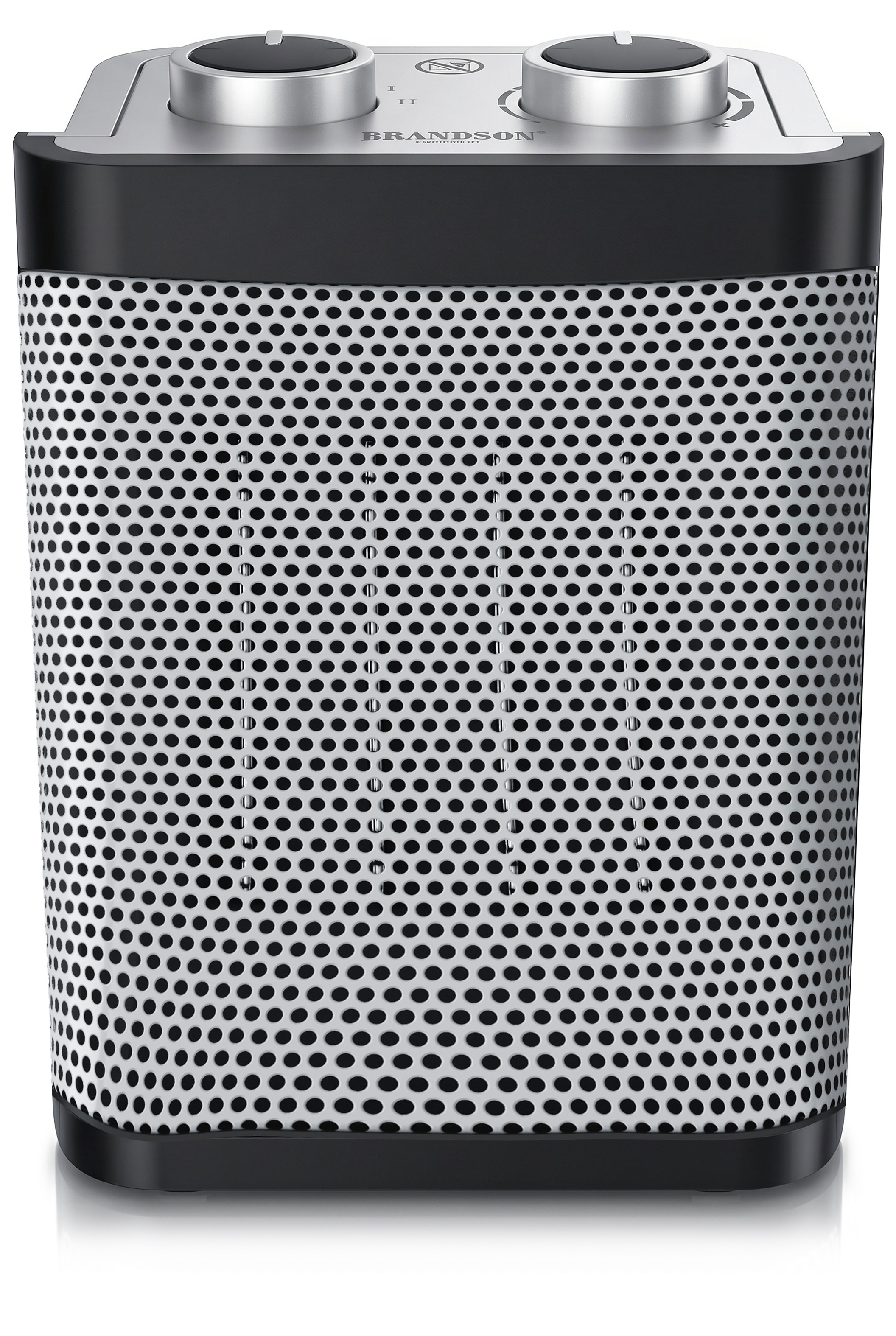 Mobiler Luftkühler von Brandson mit schlankem Design, silbernem und schwarzem Farbschema, Bedienknöpfen und einer perforierten Frontplatte.