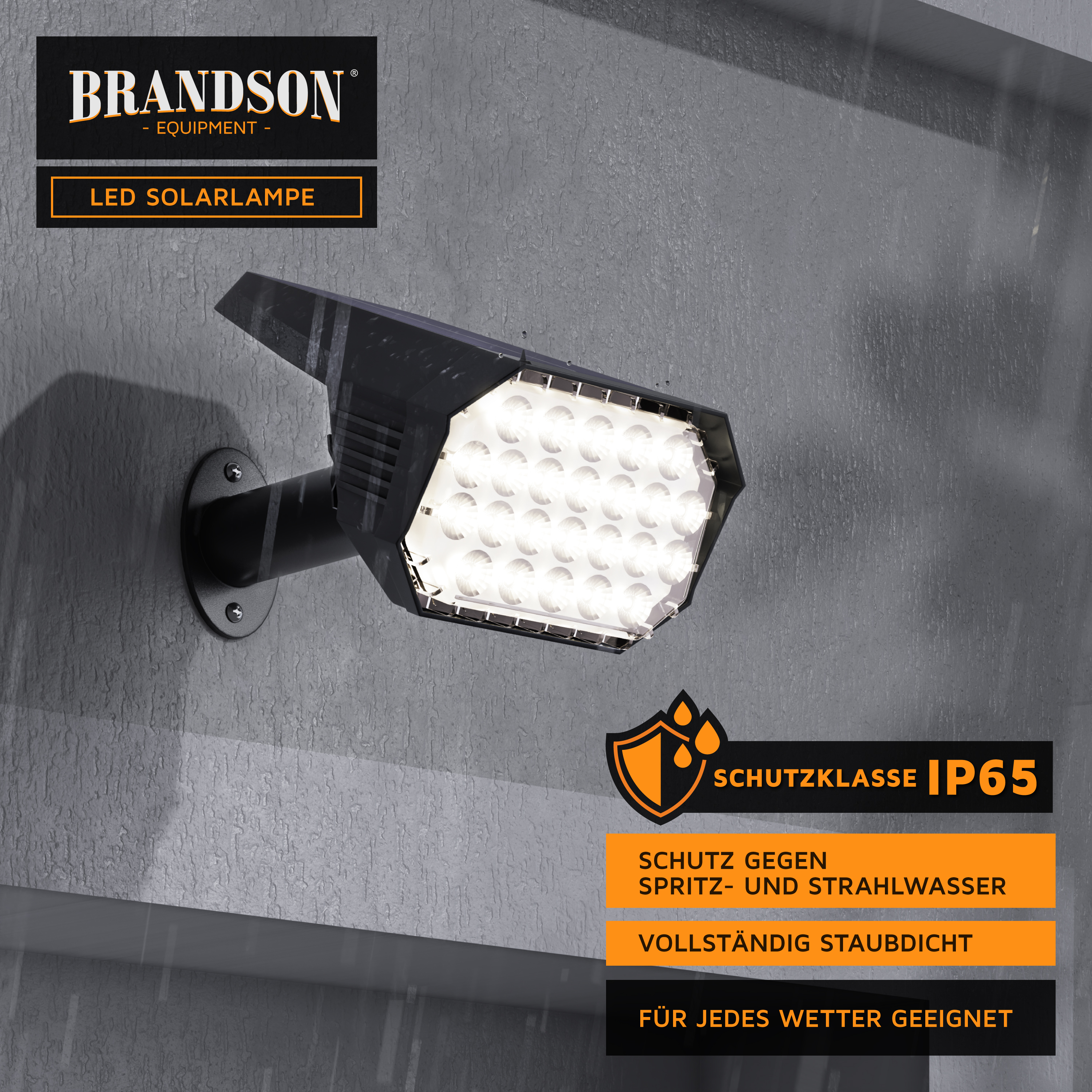 Brandson LED-Solarlampe mit sechseckigem Design, an der Wand montiert, mit einem robusten schwarzen Gehäuse und mehreren hellen LED-Leuchten.