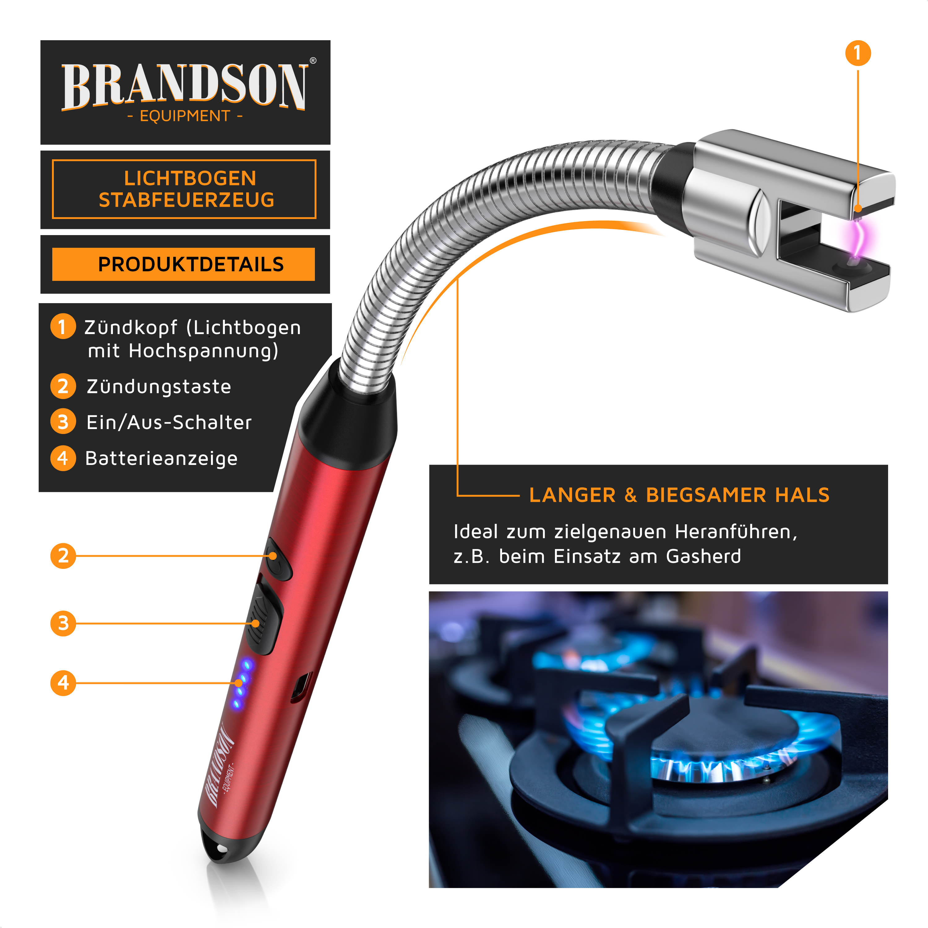 Brandson Lichtbogen-Stabfeuerzeug in Rot mit flexiblem Hals, Zündtaste und Batterieanzeige, ideal für präzises Anzünden am Gasherd.