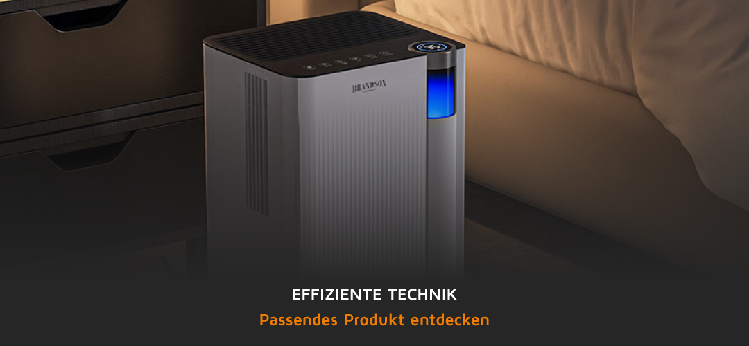 Brandson Luftreiniger im modernen Design mit schwarzem Gehäuse, blauer LED-Anzeige und Bedienfeld, ideal für den Einsatz im Schlafzimmer.