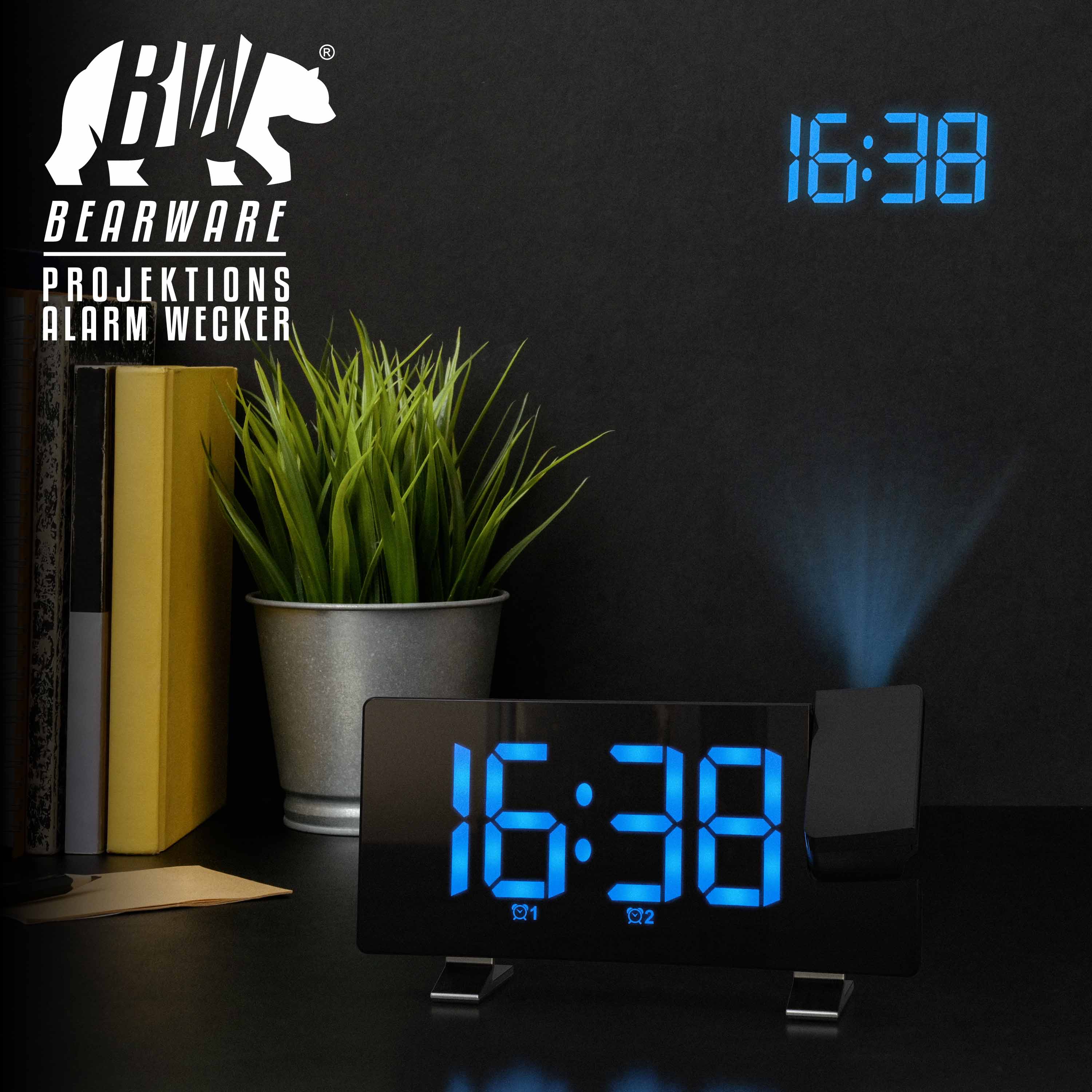 Brandson-Projektionswecker mit blauer LED-Anzeige, elegantem schwarzem Design und Projektionsfunktion zur Zeitanzeige an der Wand.