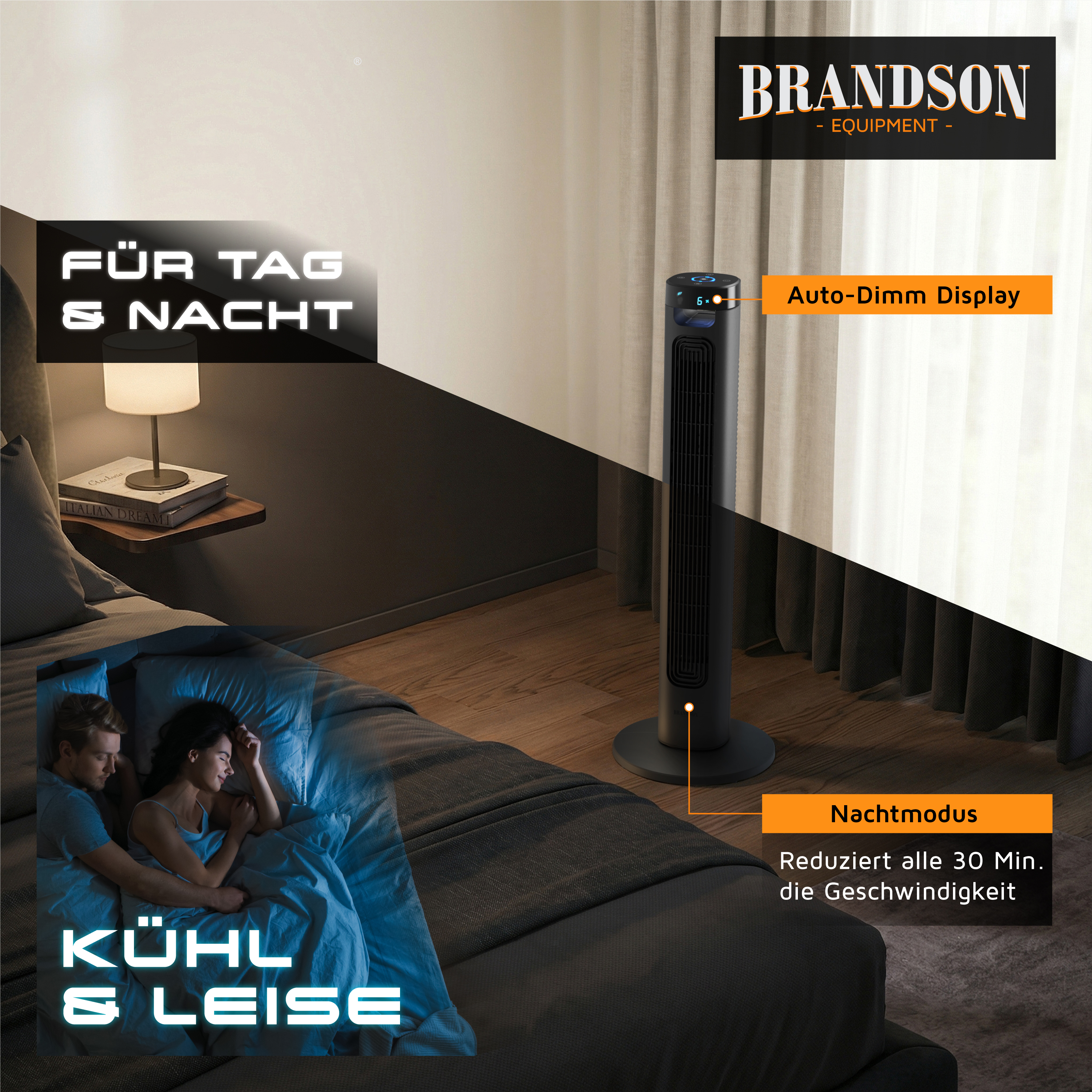 Brandson Turmventilator in schwarzer Farbe mit Auto-Dimm-Display, platziert im Schlafzimmer neben einem Bett.