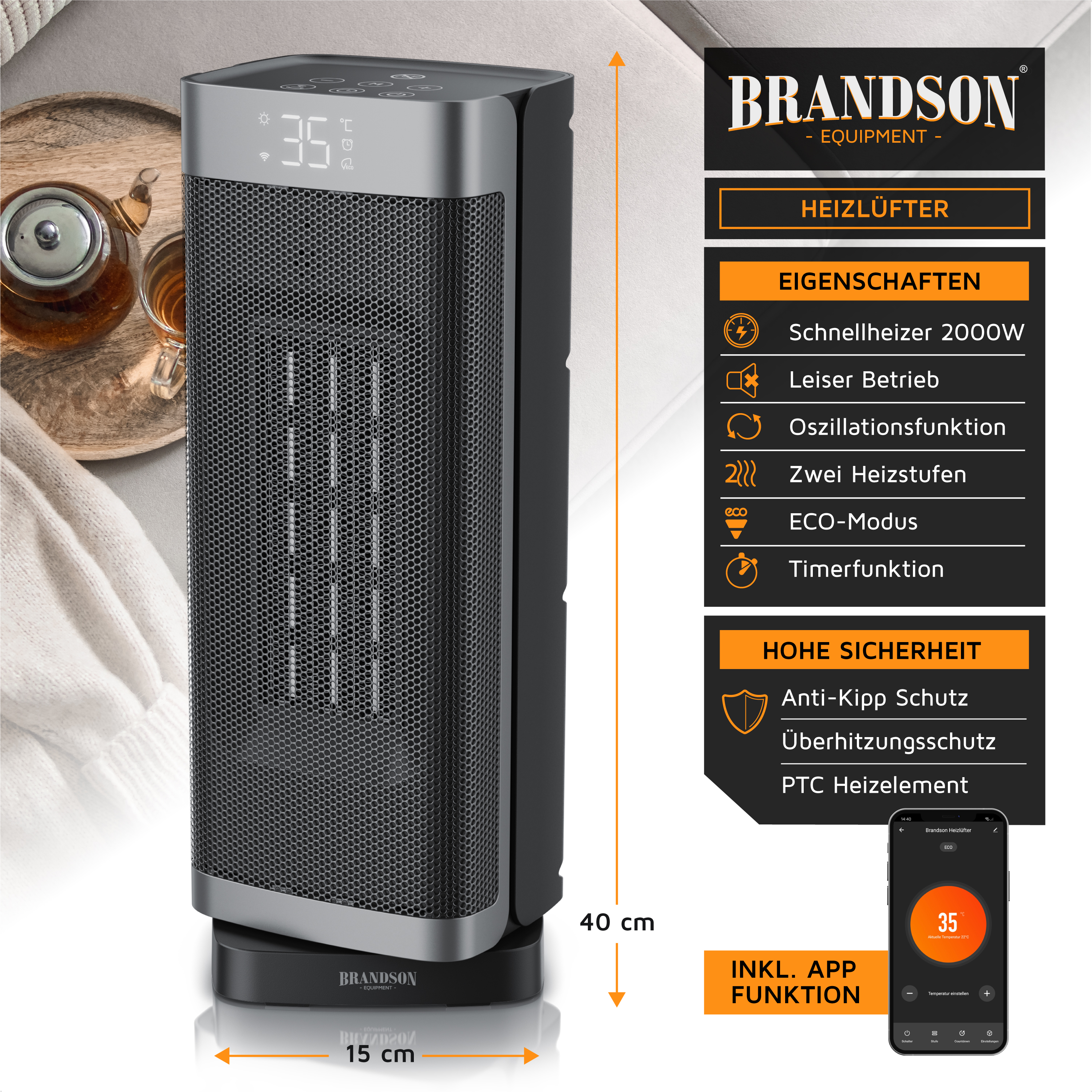 Brandson Heizlüfter im schwarzen Design mit digitalem Display, Bedienfeld und PTC-Heizelement, ideal für den Einsatz im Wohnbereich.