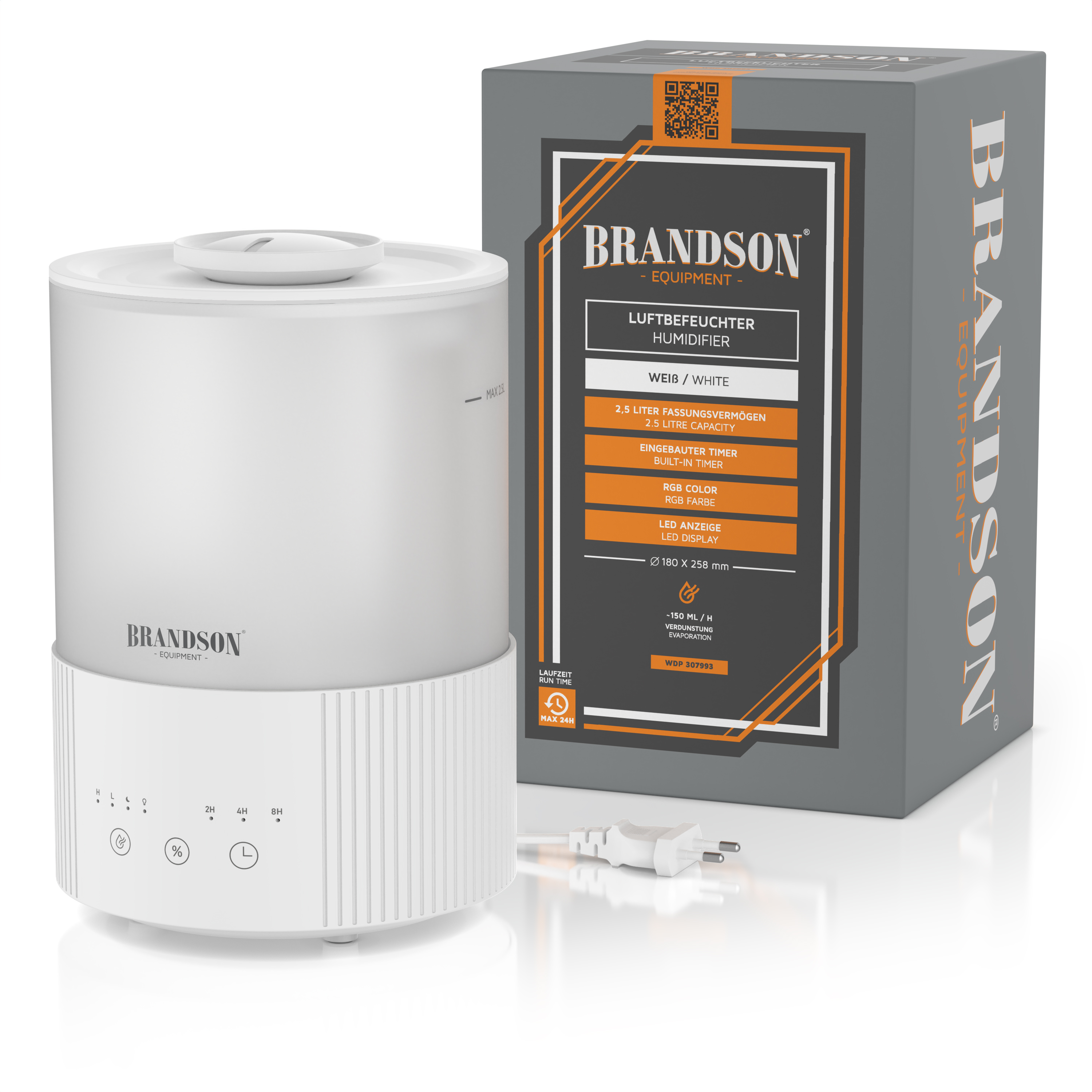 Brandson Luftbefeuchter in Weiß mit 2,5 Liter Wassertank, LED-Display und Bedienfeld, verpackt in einer farbigen Box.