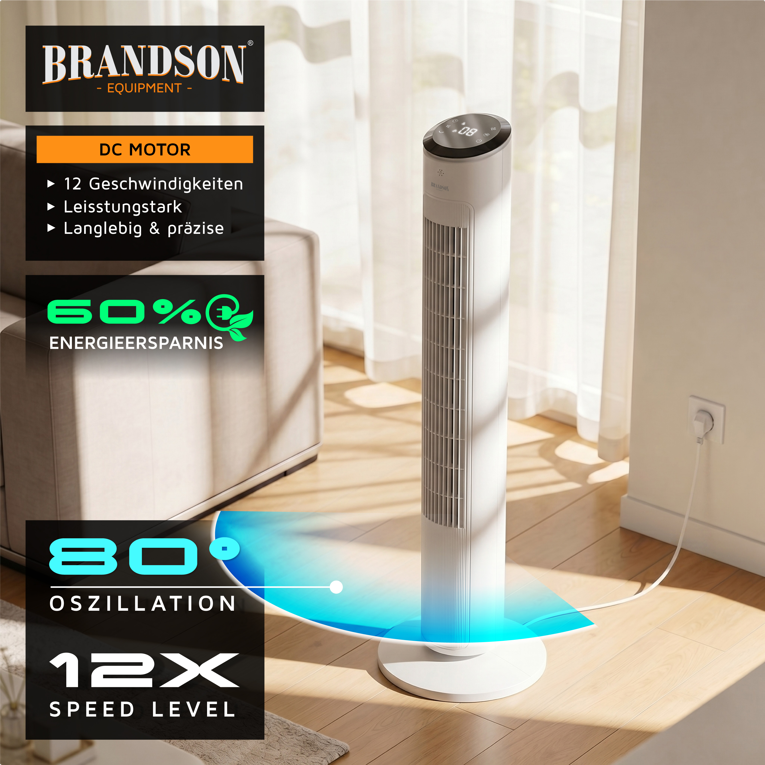 Brandson-Turmventilator mit elegantem weißem Design, Digitalanzeige und stabilem Sockel, positioniert in einem hellen Wohnzimmer.