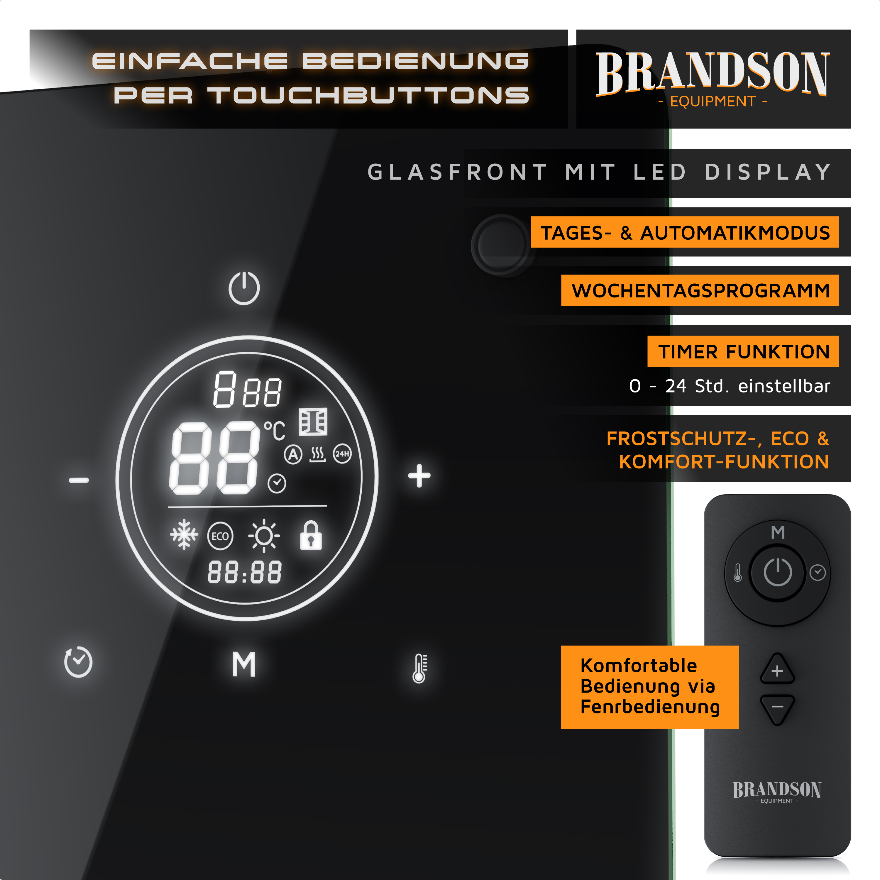 Brandson-Heizungsbedienfeld mit Glasfront, kreisförmigem LED-Display, Touch-Tasten und einer mitgelieferten Fernbedienung für eine bequeme Bedienung.