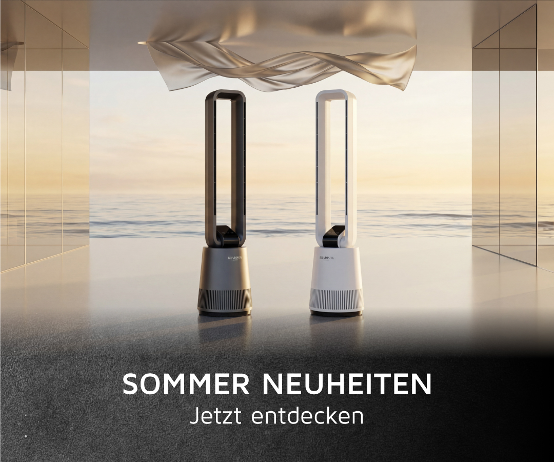 Brandson Turmventilator in Schwarz und Weiß mit elegantem Design, sichtbarem Bedienfeld und modernem Sockel vor einem ruhigen Hintergrund.