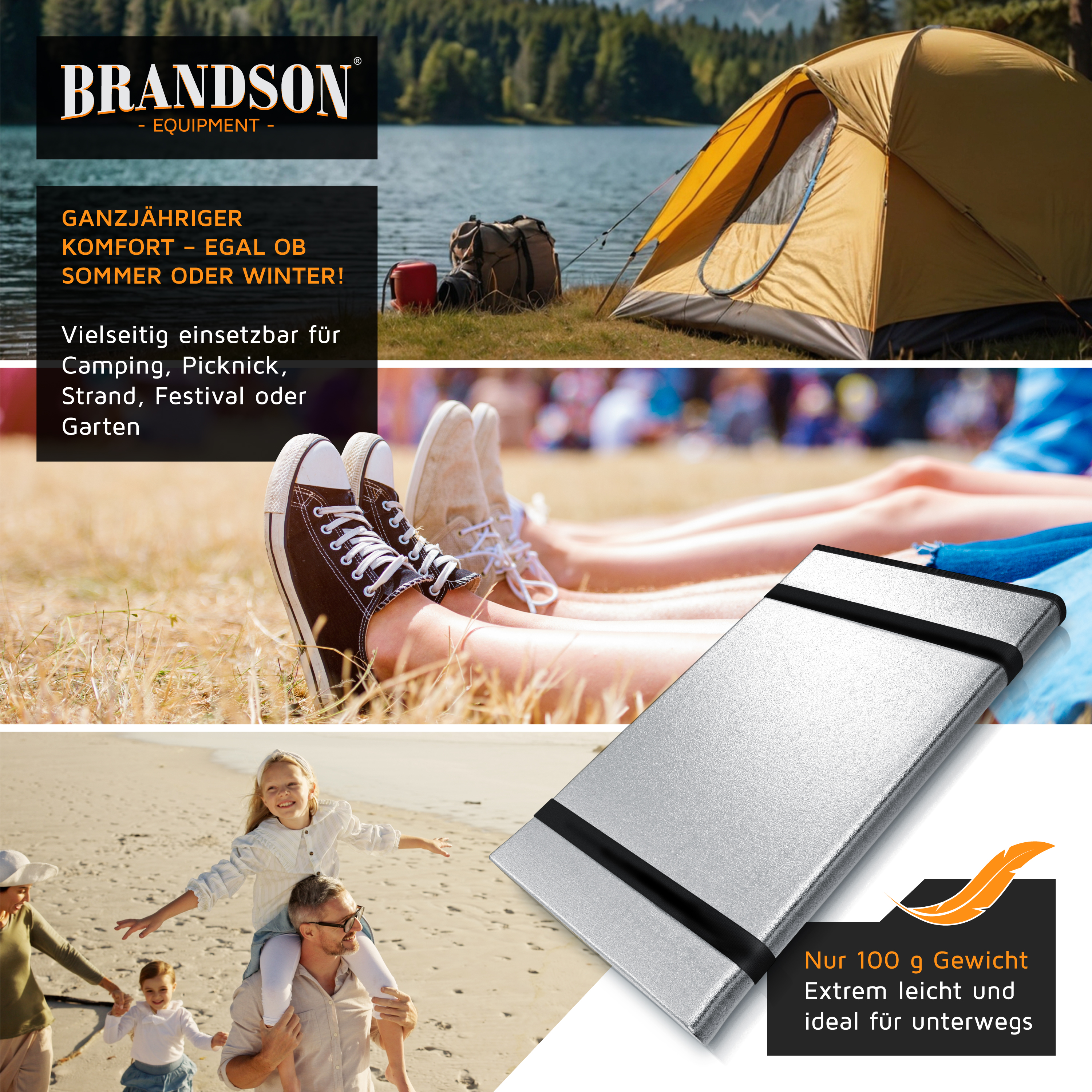 Brandson Campingstuhl in silbernem Design, leicht und tragbar, ideal für Outdoor-Aktivitäten wie Camping und Picknick.