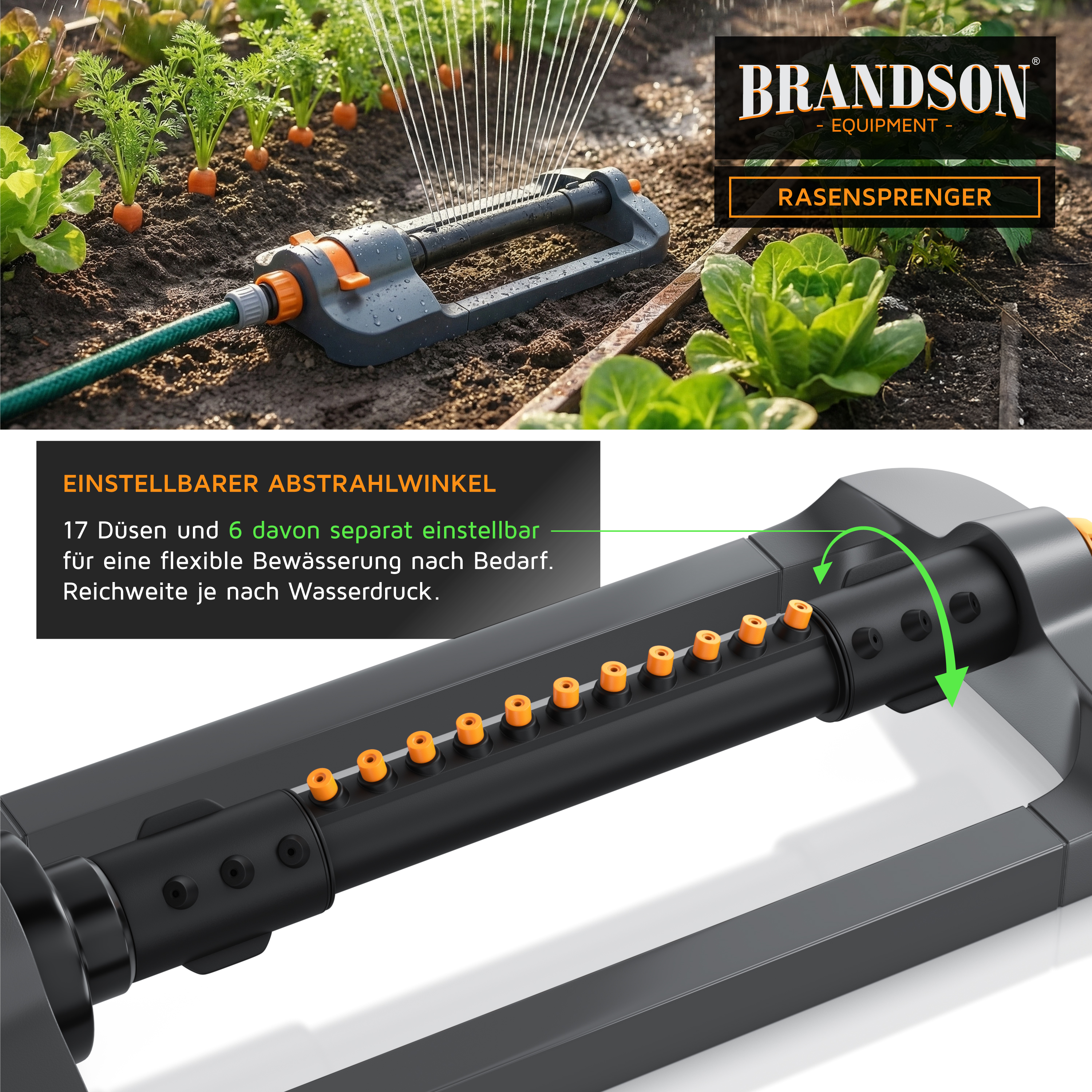 Brandson Rasensprenger mit einstellbarem Abstrahlwinkel und 17 Düsen für flexible Bewässerung in einem Garten.