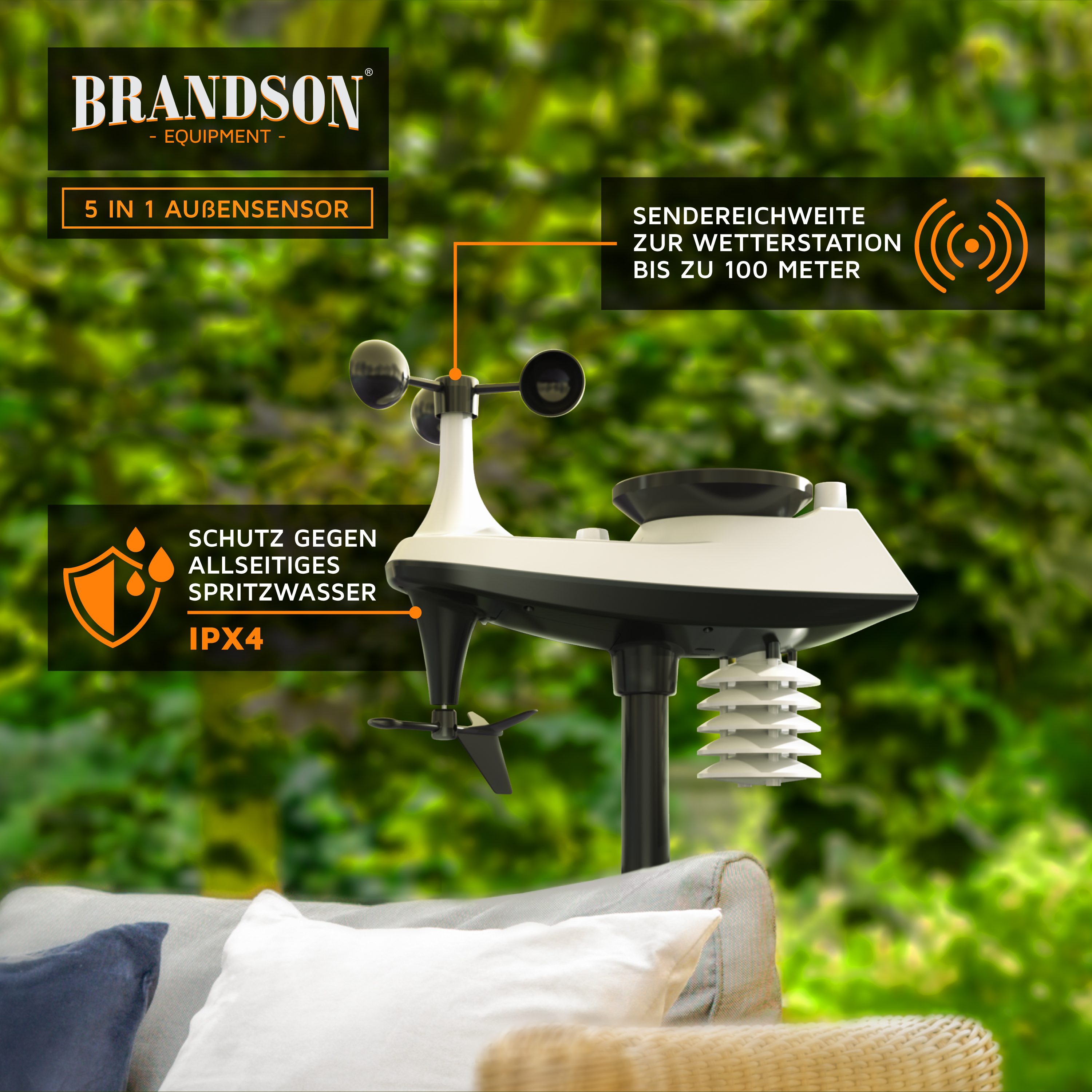 Brandson 5 in 1 Außensensor mit wetterfestem Gehäuse, Sensoren für Windgeschwindigkeit und Temperatur, montiert auf einem stabilen Standfuß.