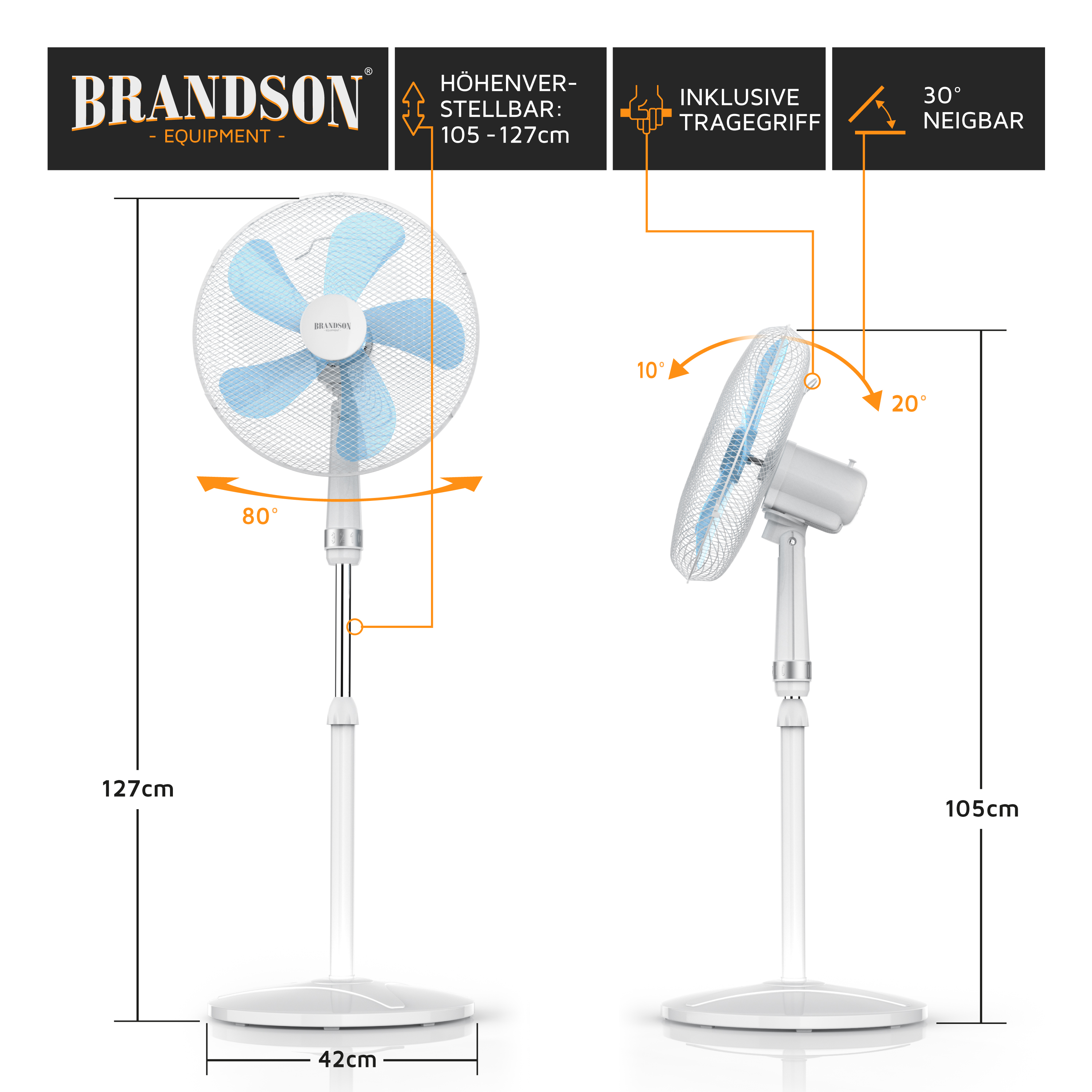 Brandson Standventilator mit höhenverstellbarem Standfuß, blauen Kunststoffflügeln und Traggriff, neigbar bis 30 Grad.