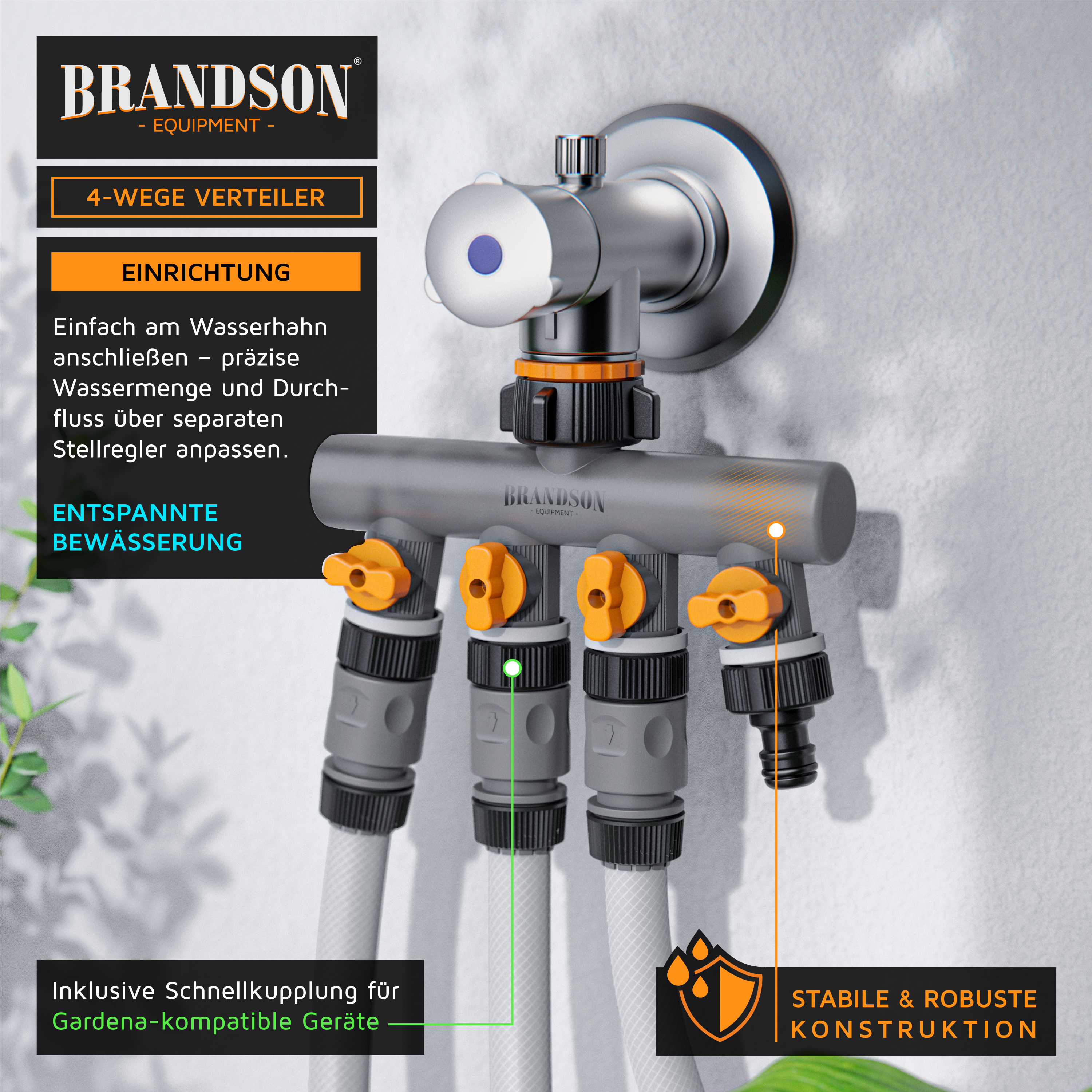 Brandson 4-Wege-Verteiler mit vier verstellbaren Ausgängen, grauem Gehäuse, orangefarbenen Knöpfen und einer Schnellkupplung für Gardena-kompatible Geräte.