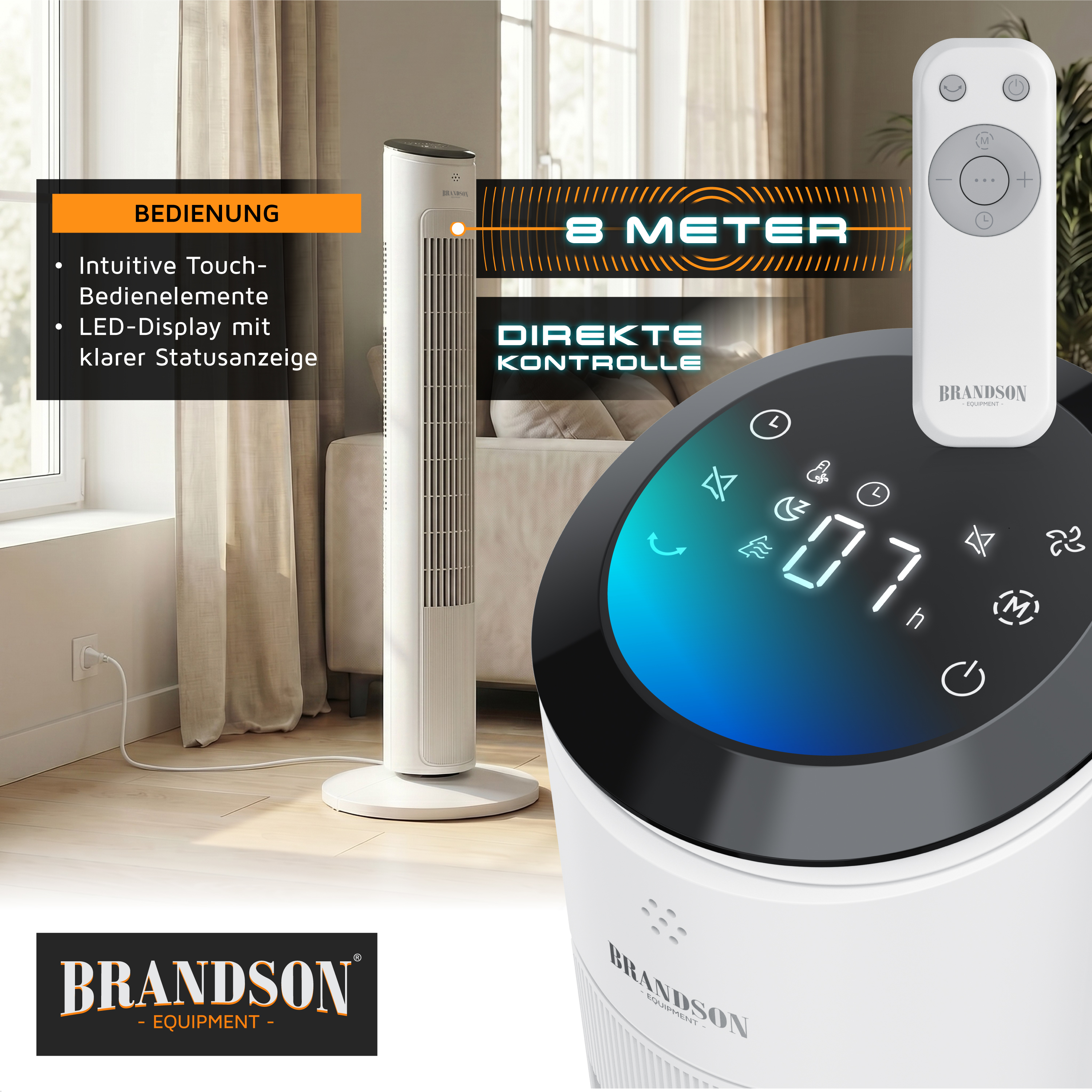 Turmventilator von Brandson mit intuitiver Touch-Steuerung, LED-Anzeige und Fernbedienung, platziert in einer hellen Wohnzimmerumgebung.