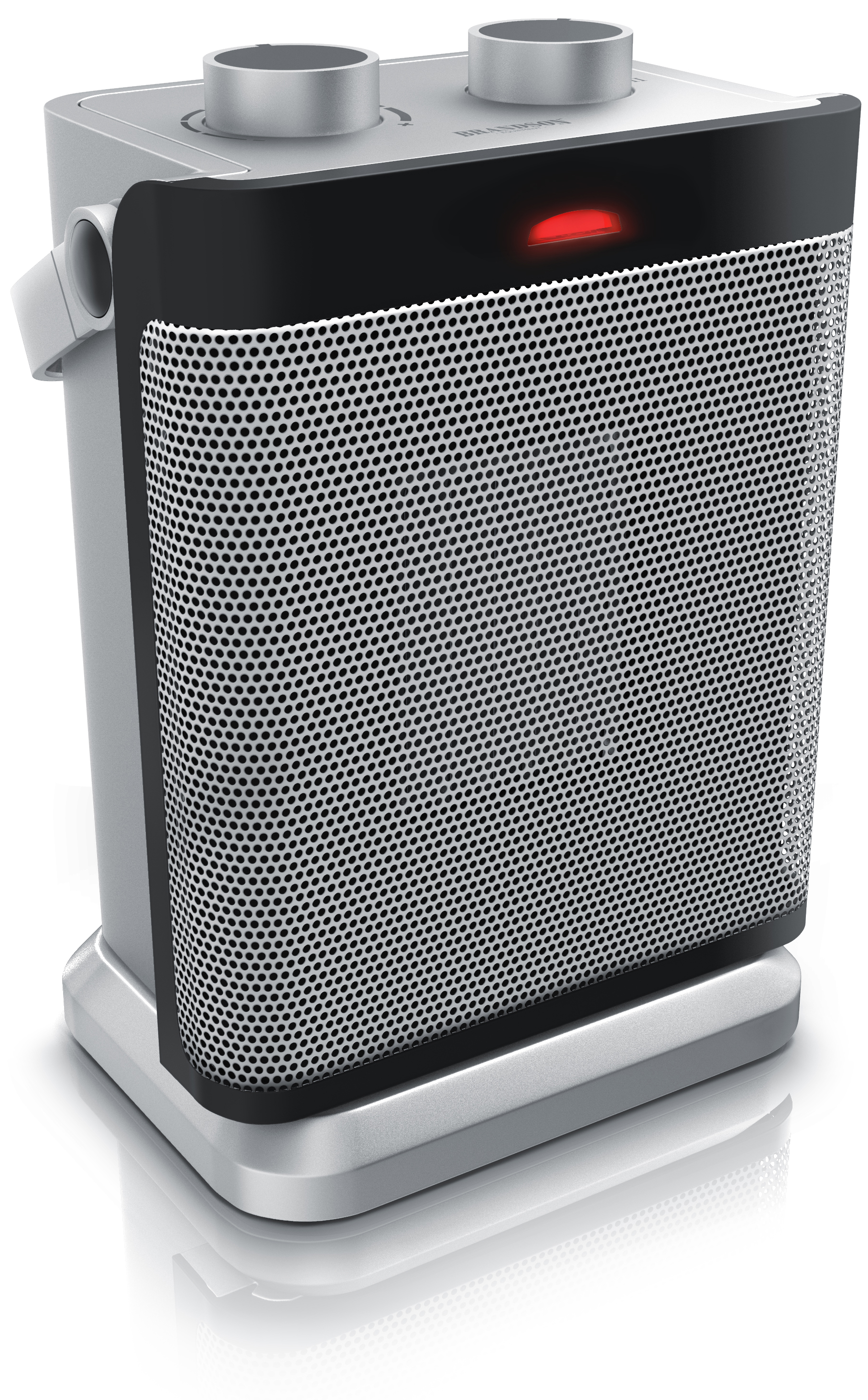 Brandson Heizlüfter in kompaktem Design mit silberner und schwarzer Oberfläche, sichtbarem Bedienfeld und rotem Betriebslicht.