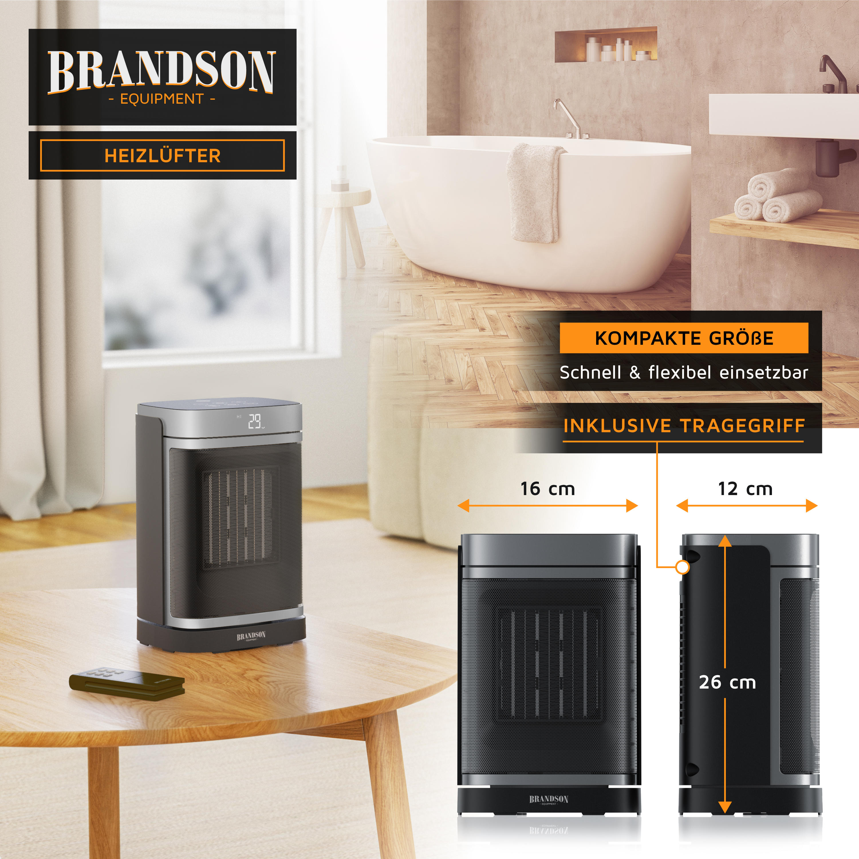 Brandson Heizlüfter in kompaktem Design mit digitalem Display und Traggriff, ideal für schnelle und flexible Nutzung im Raum.