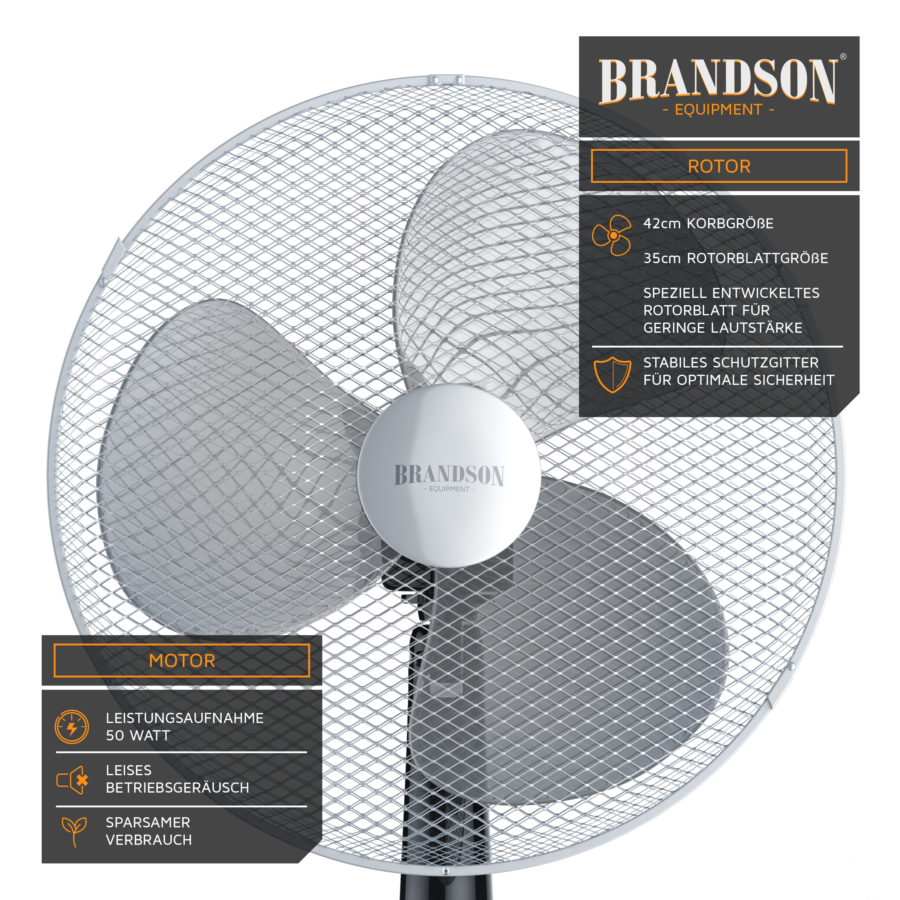 Brandson Standventilator mit 42 cm Korbgröße, stabilem Schutzgitter und leisem Betrieb für optimalen Komfort.