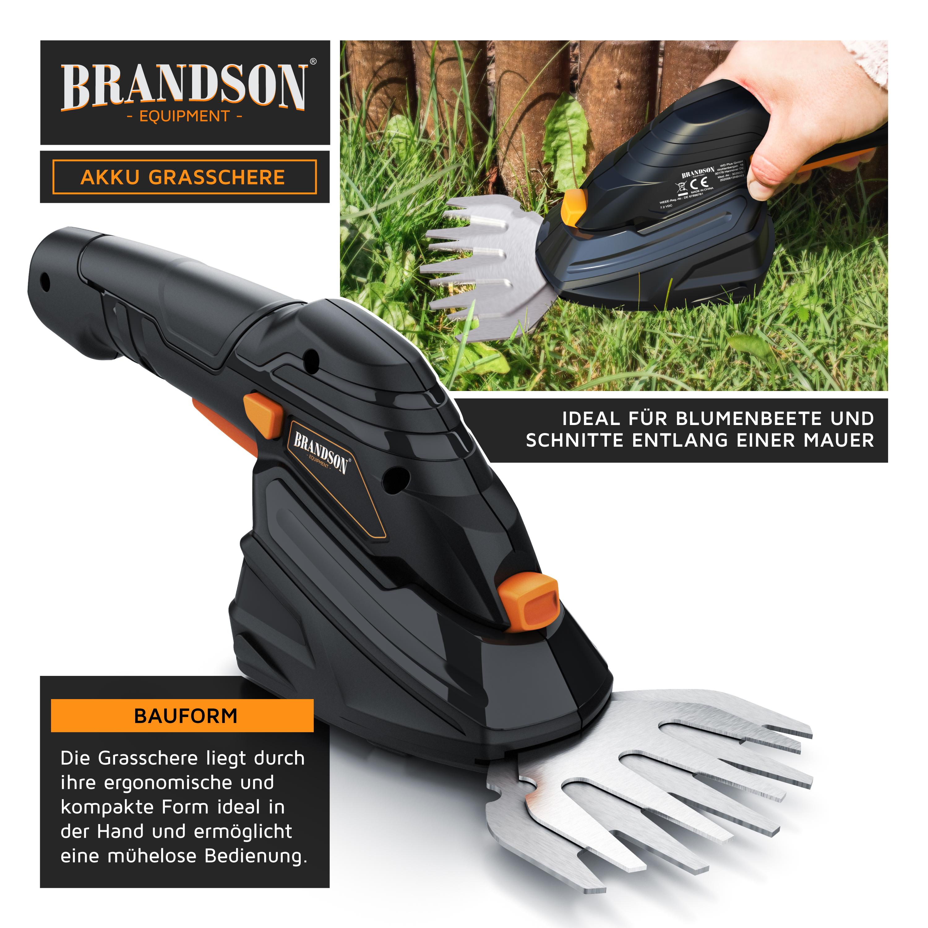 Brandson Akku Grasschere mit ergonomischem Griff und kompaktem Design, ideal für präzise Schnitte in Blumenbeeten.