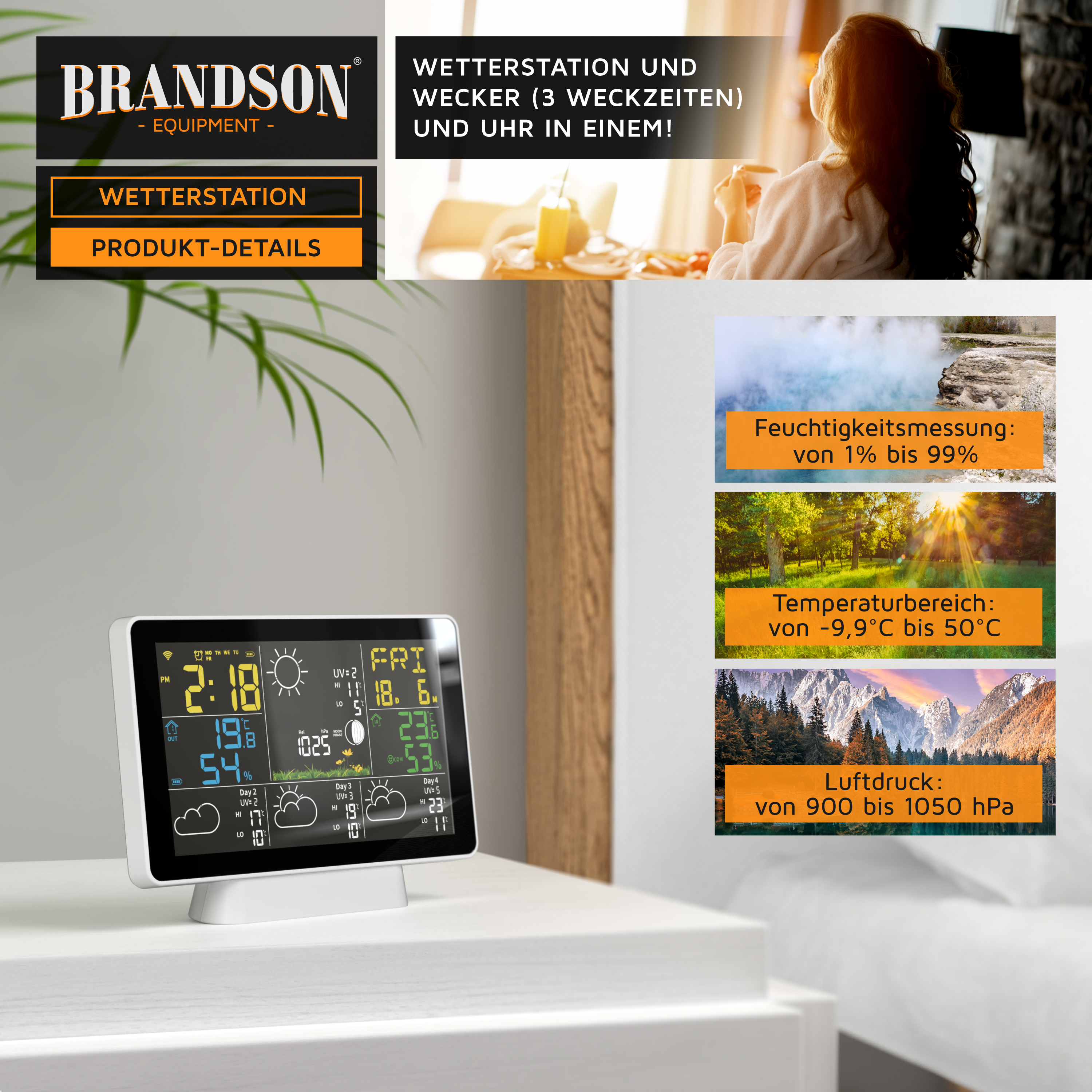 Brandson-Wetterstation mit digitaler Anzeige von Uhrzeit, Temperatur, Luftfeuchtigkeit und UV-Index auf weißem Ständer.