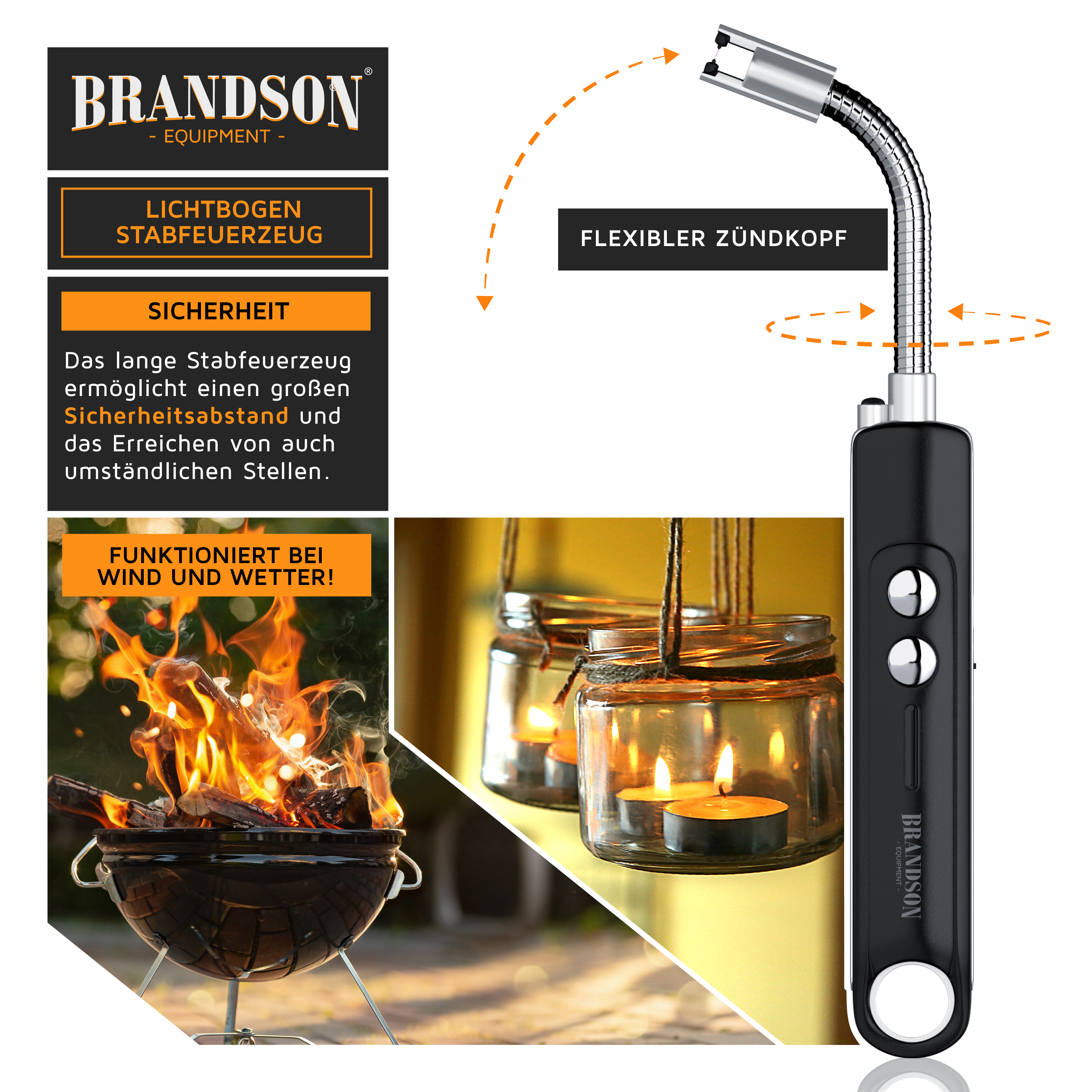 Brandson Lichtbogen-Stabfeuerzeug mit flexiblem Zündkopf, schwarzem Gehäuse und zwei Bedientasten für sicheres Anzünden.