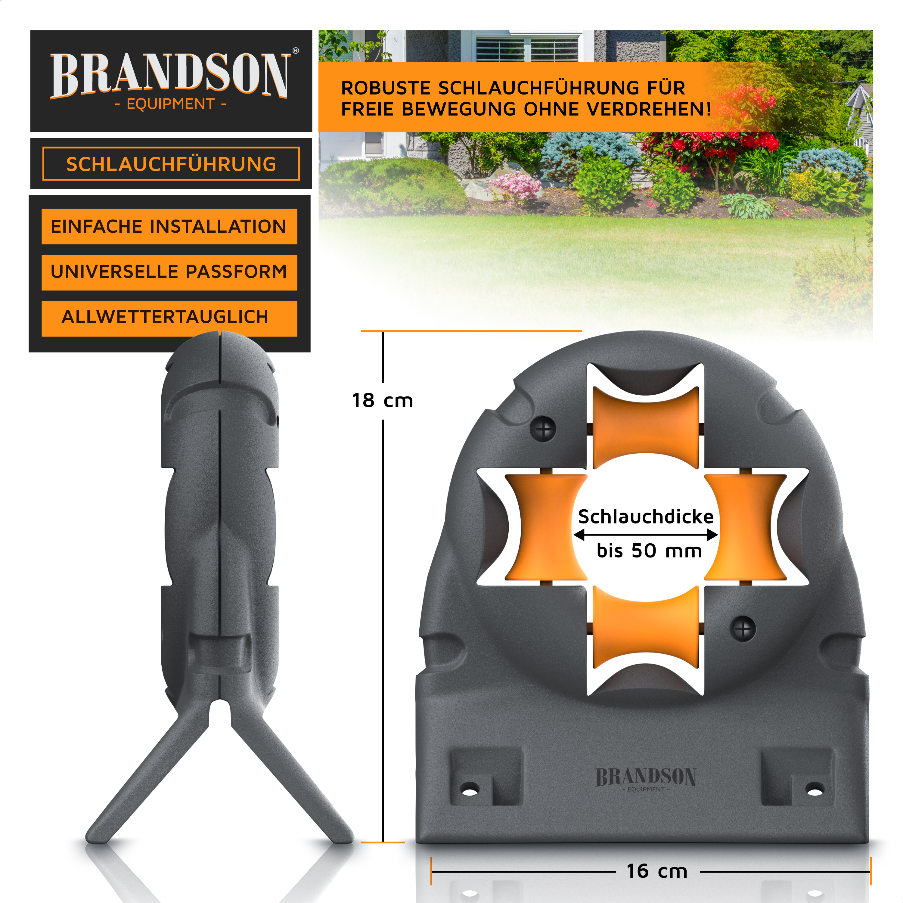 Brandson Schlauchführung aus robustem Material in Grau mit orangefarbenen Elementen, geeignet für Schläuche bis 50 mm Durchmesser.