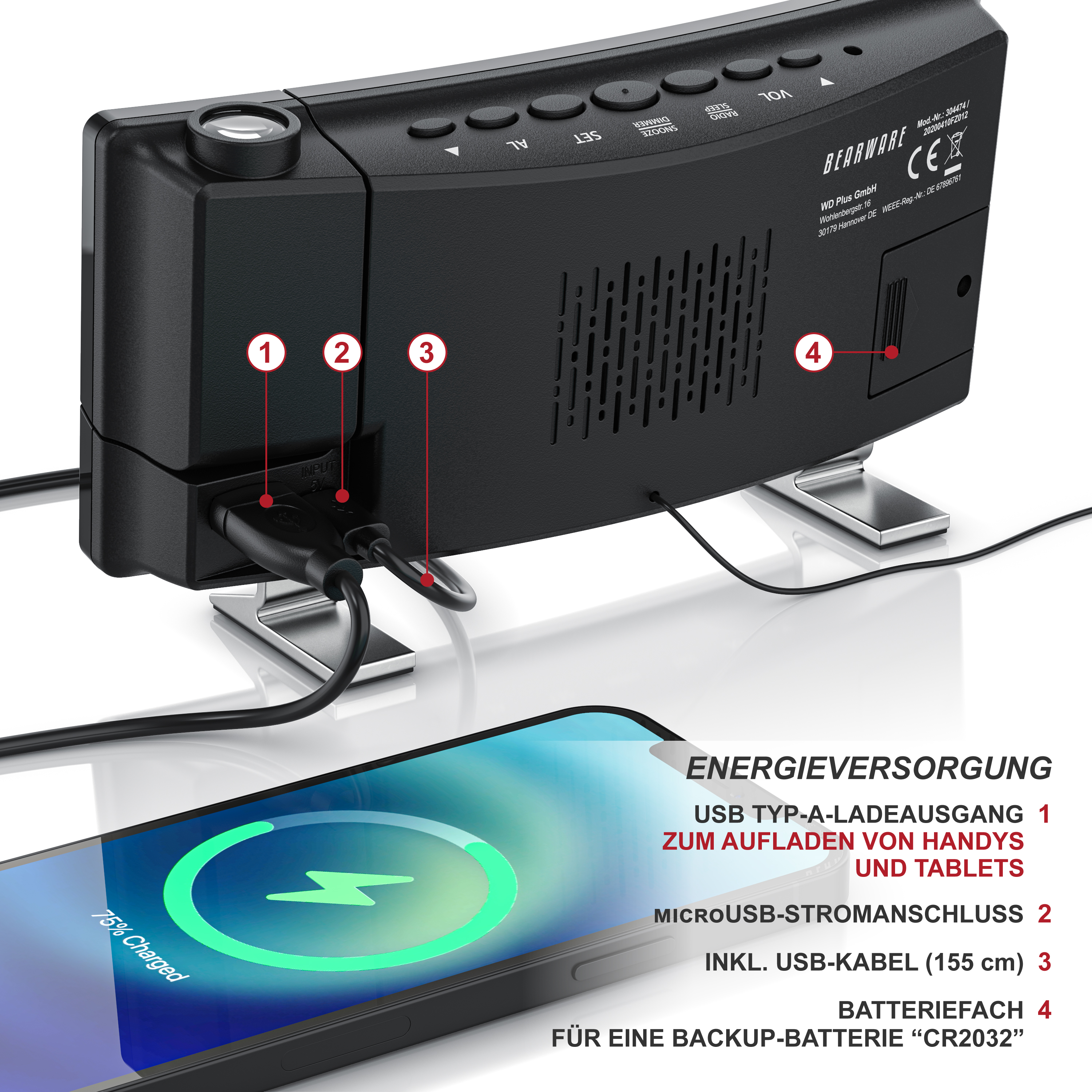 Brandson Heizlüfter mit USB-Anschluss, schwarzem Gehäuse, Bedienfeld an der Oberseite und stabilem Standfuß, ideal für den Einsatz im Wohnraum.
