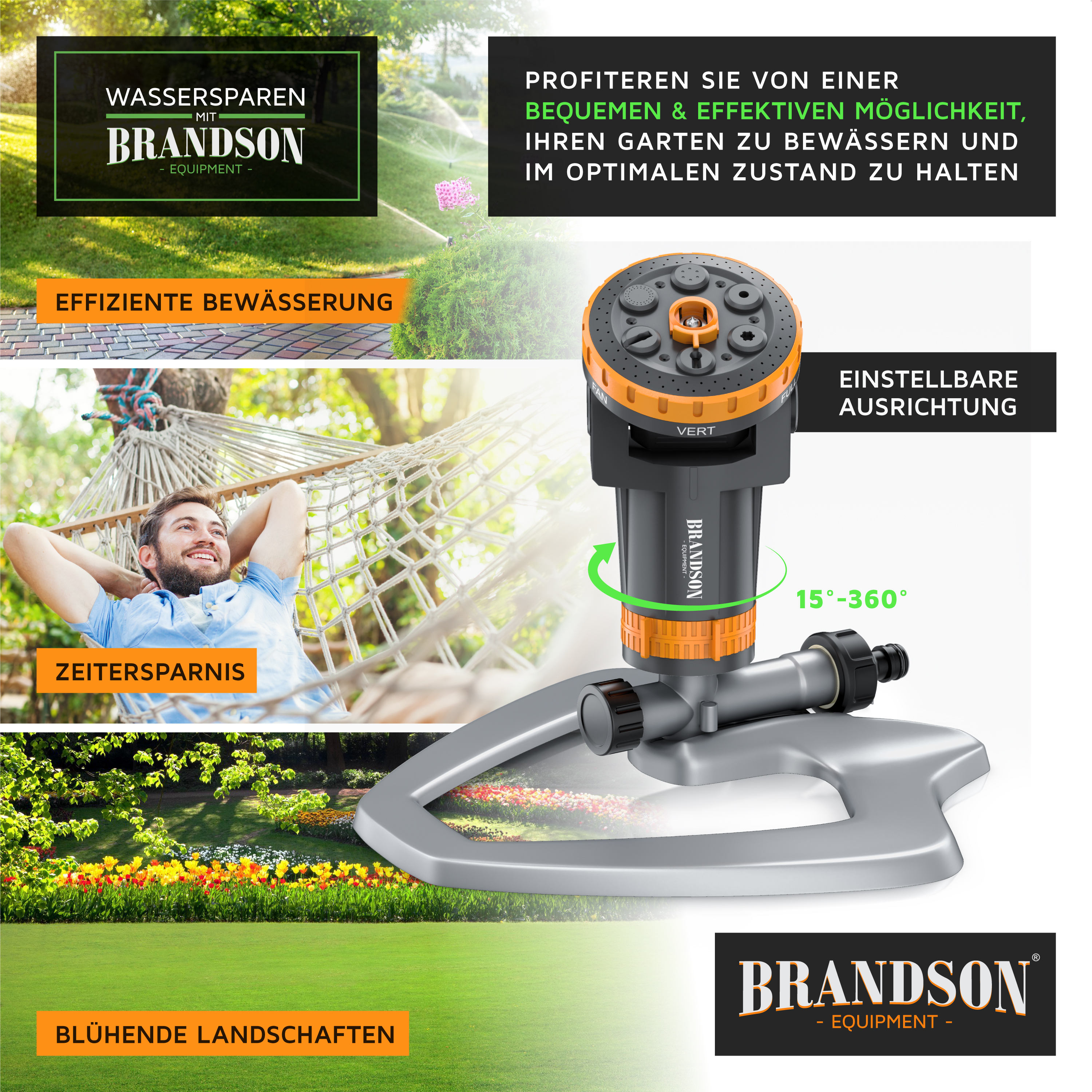 Brandson Sprinkler mit einstellbarer Ausrichtung, orangefarbenem Kopf und grauem Standfuß, ideal für die effiziente Gartenbewässerung.