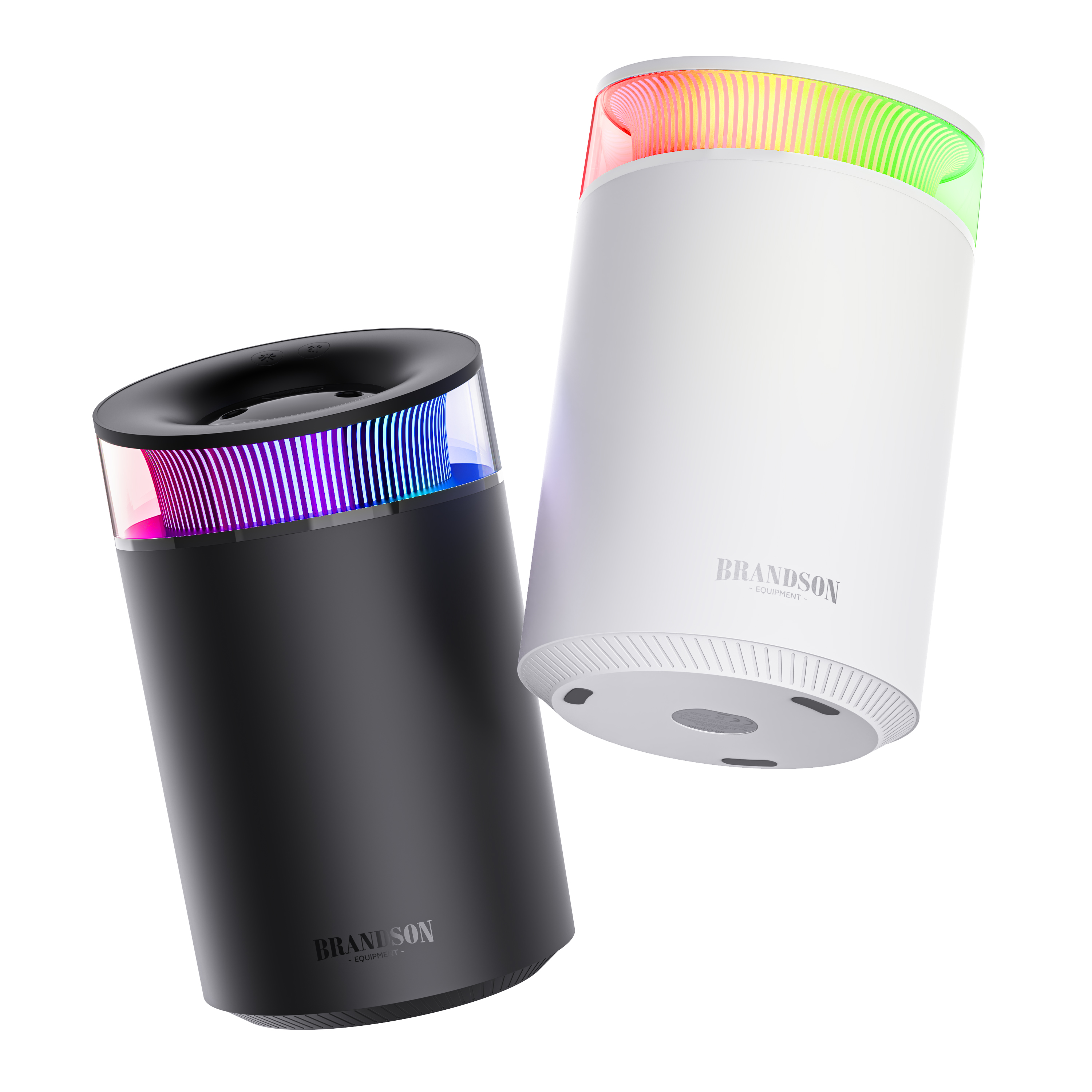 Brandson Luftreiniger in Schwarz und Weiß mit buntem LED-Licht und modernem Design, ideal für den Einsatz in Wohnräumen.