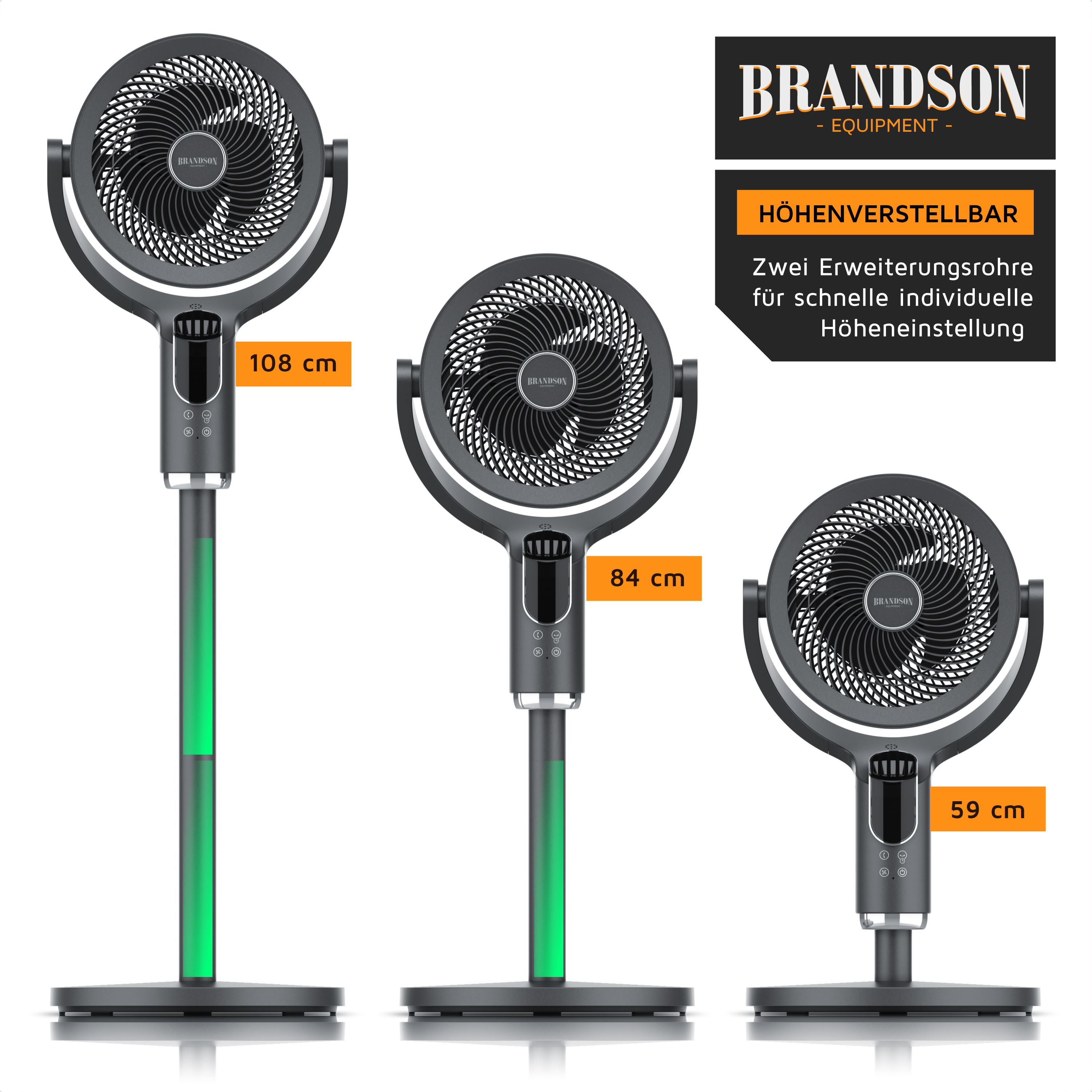 Brandson Standventilator mit verstellbarer Höhe, schlankem Design, schwarzer Farbe und Bedienfeld mit LED-Beleuchtung.