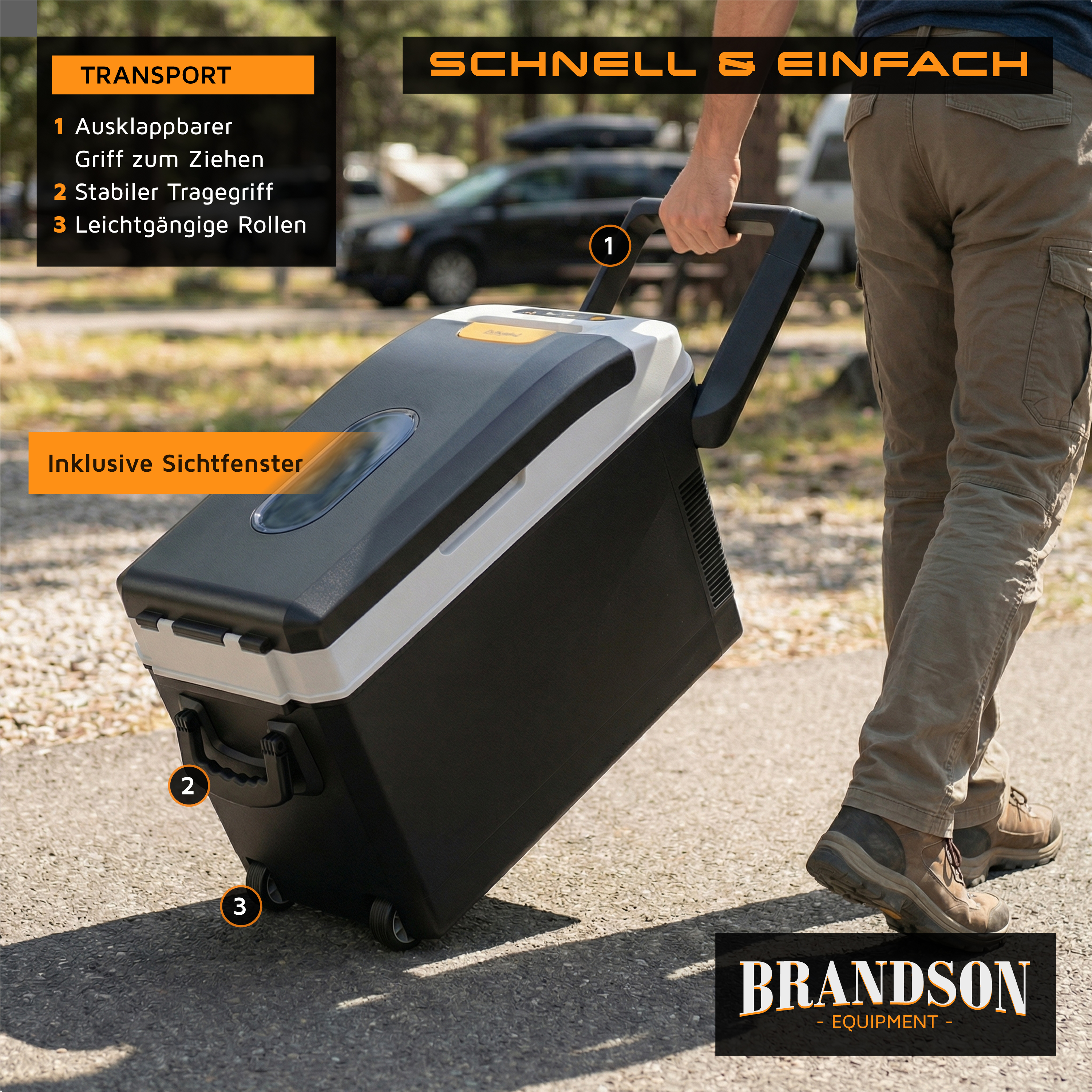 Brandson elektrische Kühlbox mit ausklappbarem Griff, stabilen Rollen und Sichtfenster, ideal für den Transport im Freien.