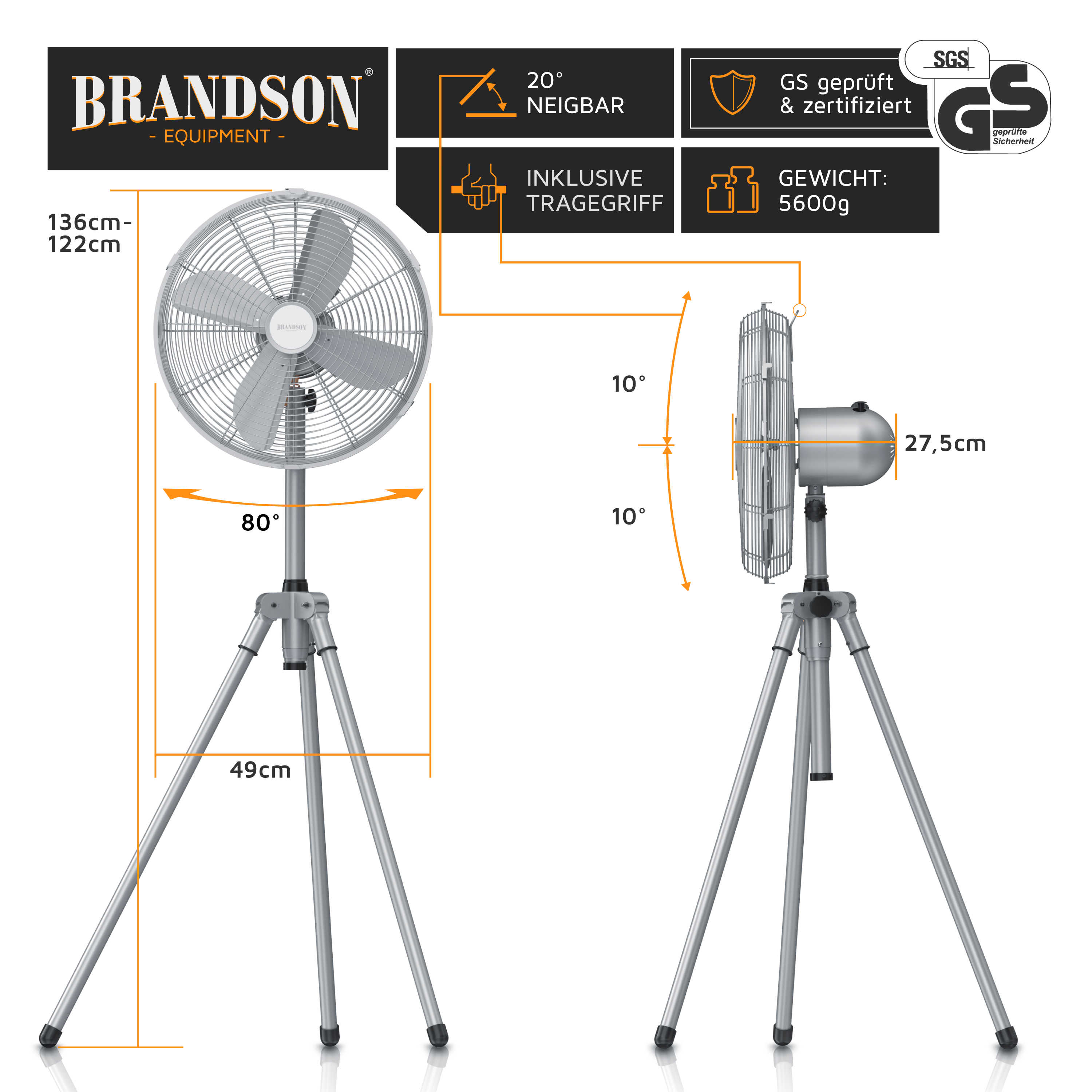 Brandson Standventilator mit verstellbarem Stativ, silberner Metallgitterabdeckung und Traggriff für einfache Handhabung.