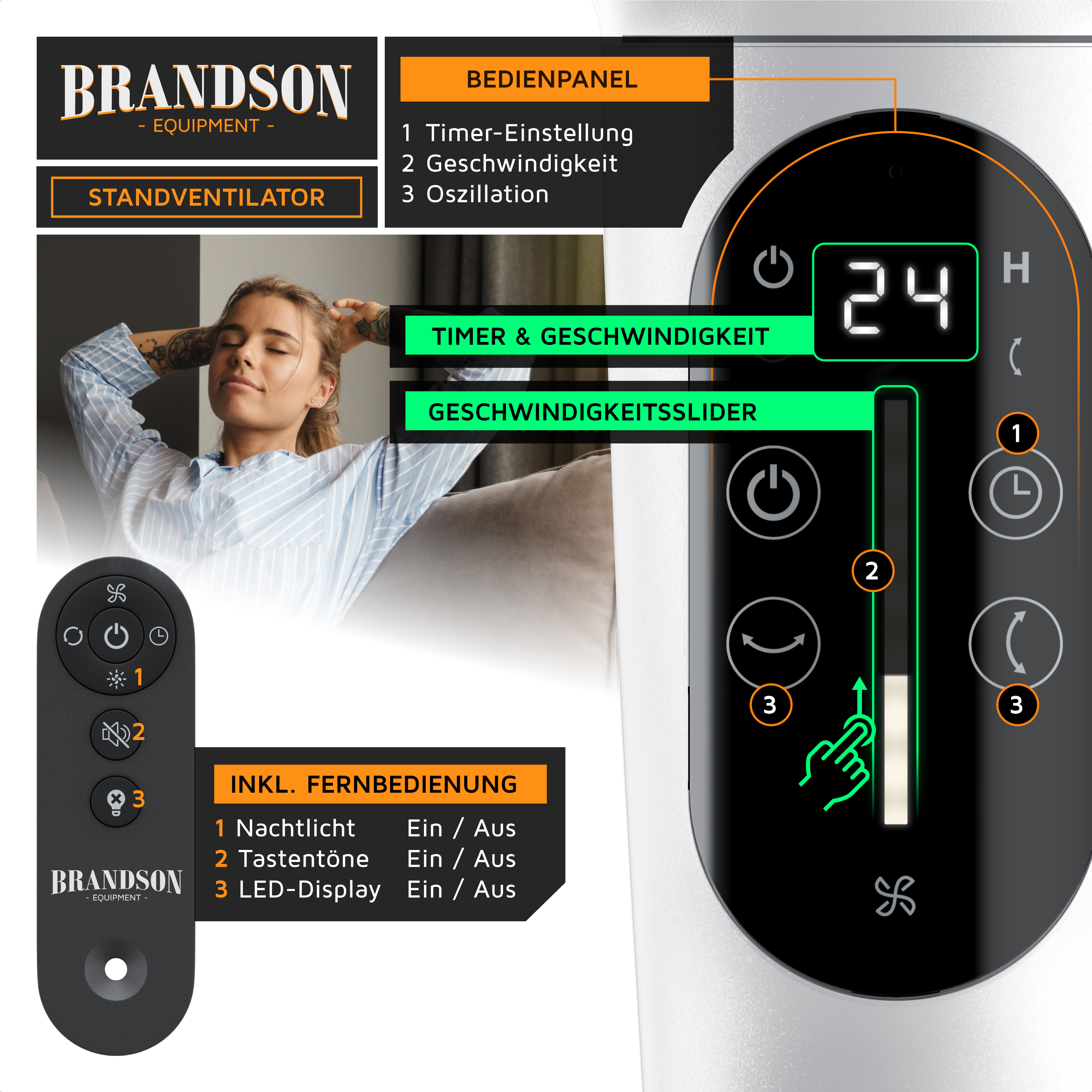 Brandson Standventilator mit Bedienfeld, LED-Display, Geschwindigkeitsregler und Fernbedienung, ideal für den Einsatz im Wohnbereich.