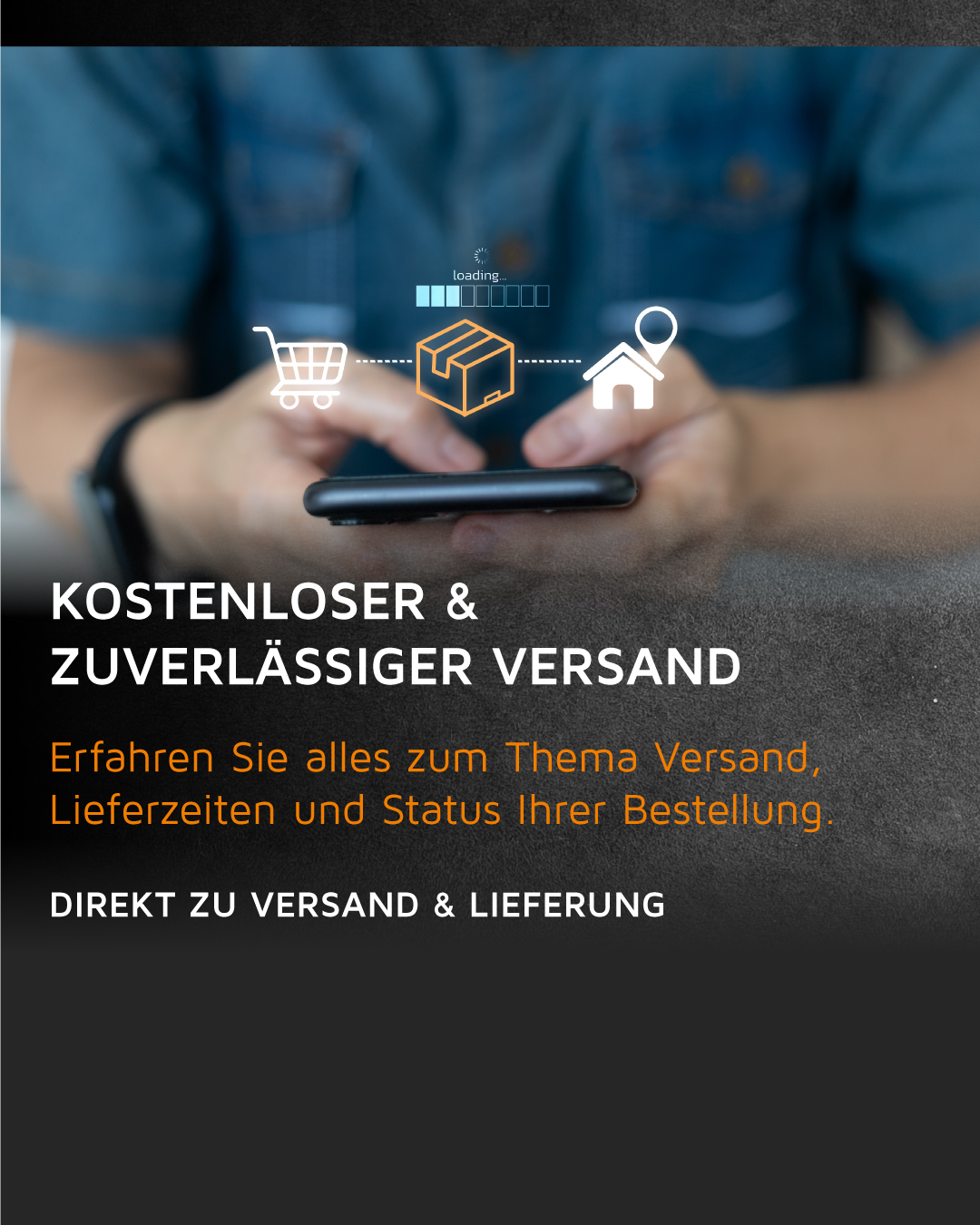 Smartphone in der Hand eines Menschen, der Informationen zu Versand und Lieferung abruft, mit grafischen Elementen für Bestellung und Tracking.