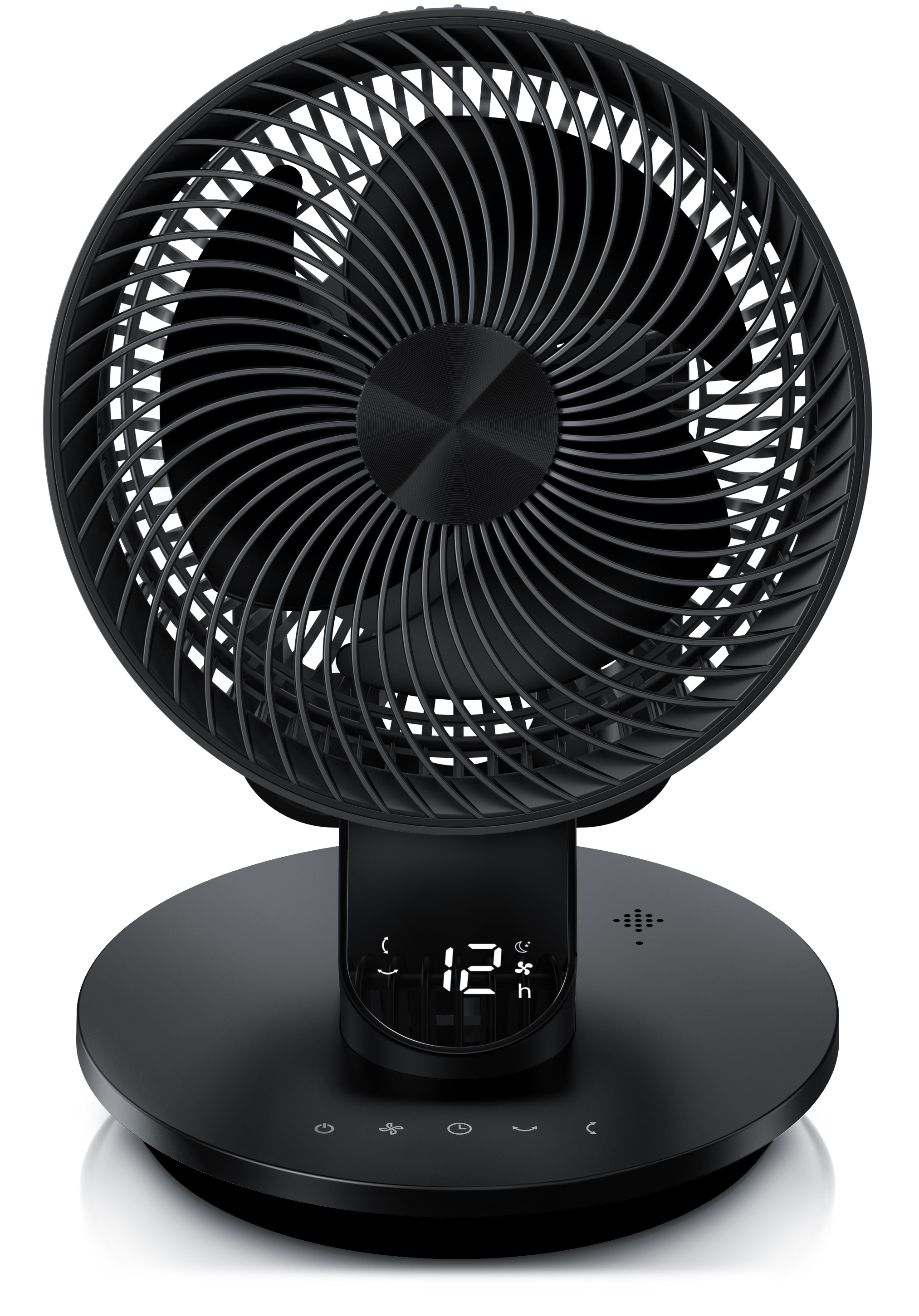 Brandson Tischventilator in Schwarz mit elegantem Design, Digitalanzeige und Bedienfeld auf rundem Sockel.