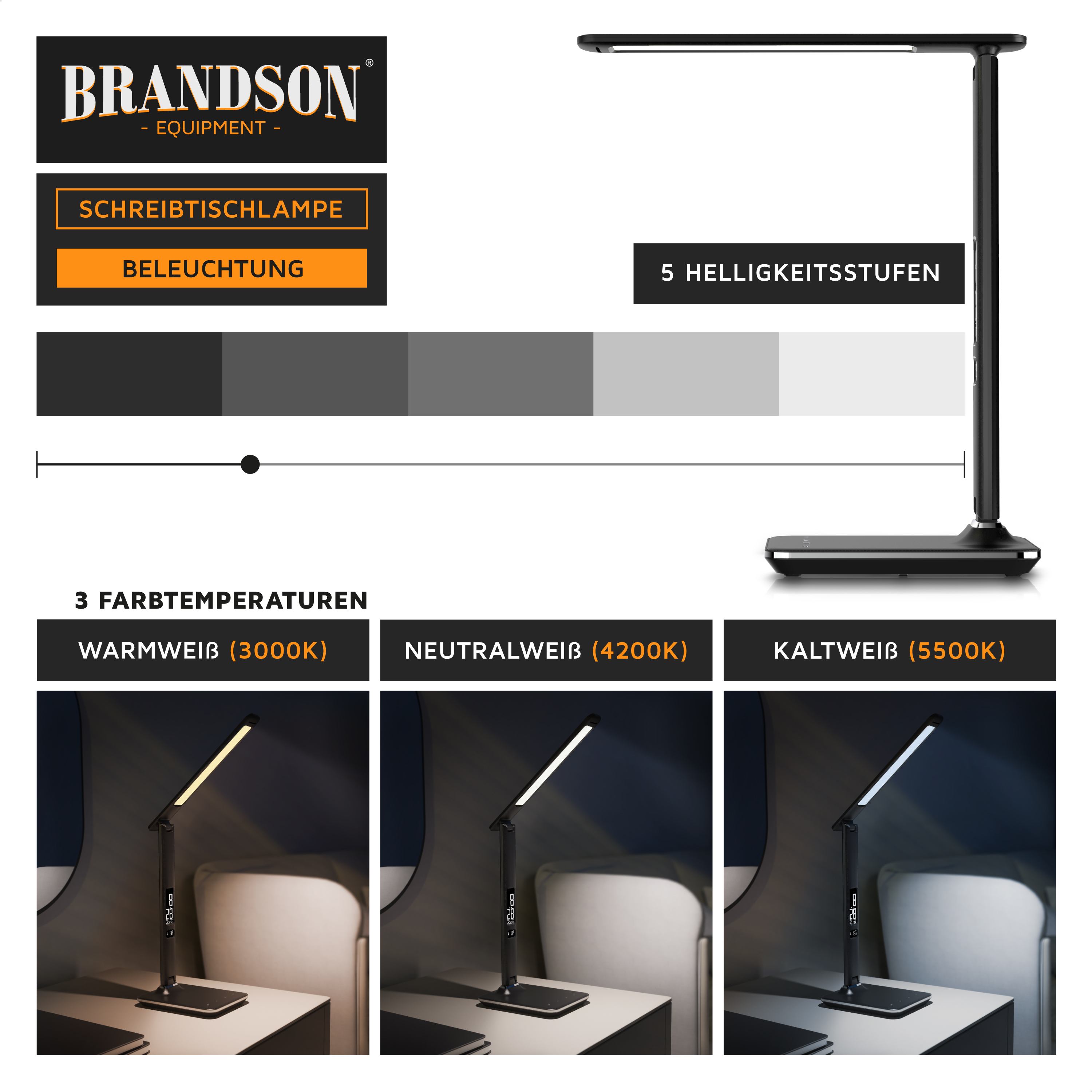 Brandson Schreibtischlampe in Schwarz mit flexibler Armhöhe, 5 Helligkeitsstufen und 3 Farbtemperaturen für optimales Licht.