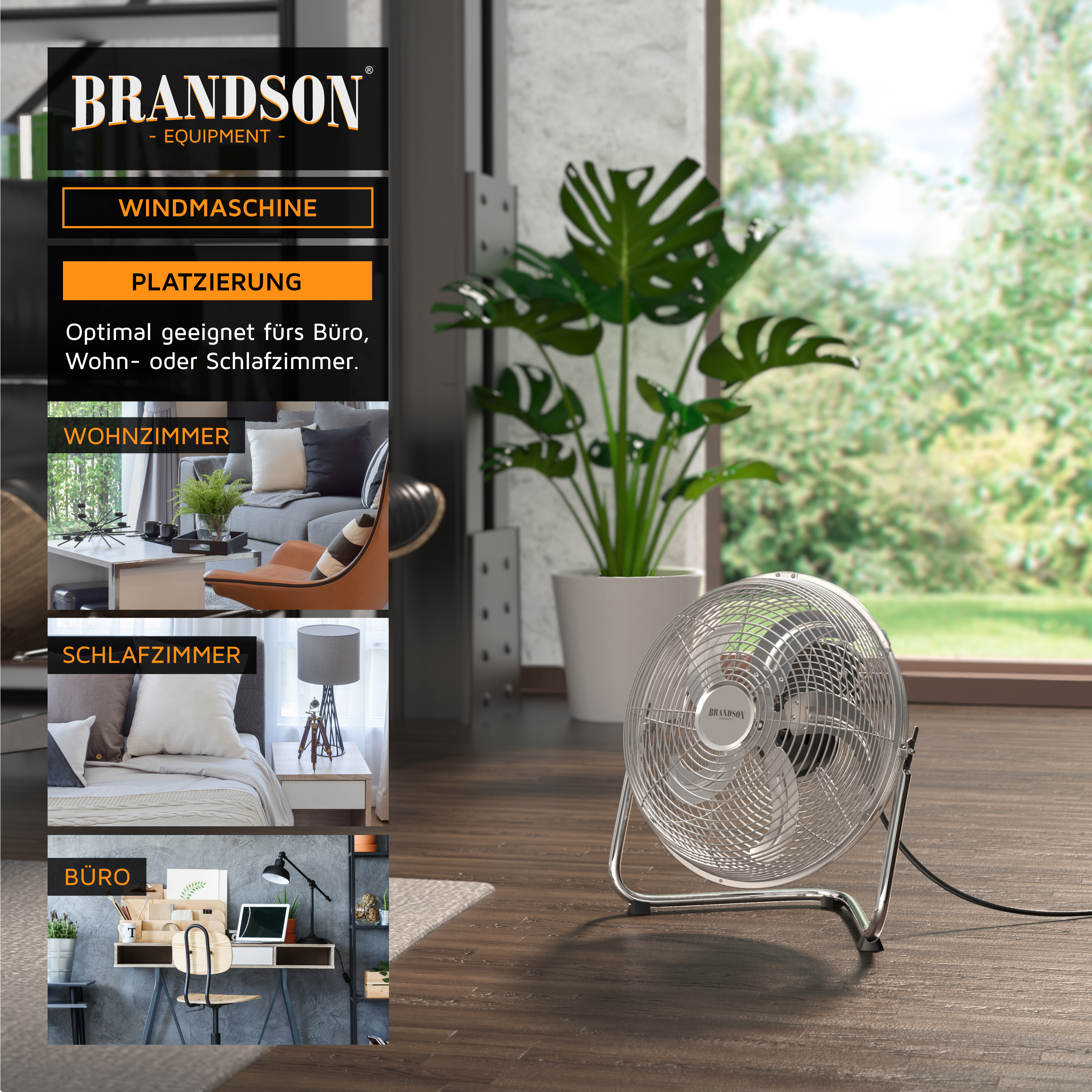 Brandson Windmaschine mit stabiler Bauform, silbernem Metallgehäuse und sichtbarem Bedienfeld, ideal für Wohn- und Büroräume.