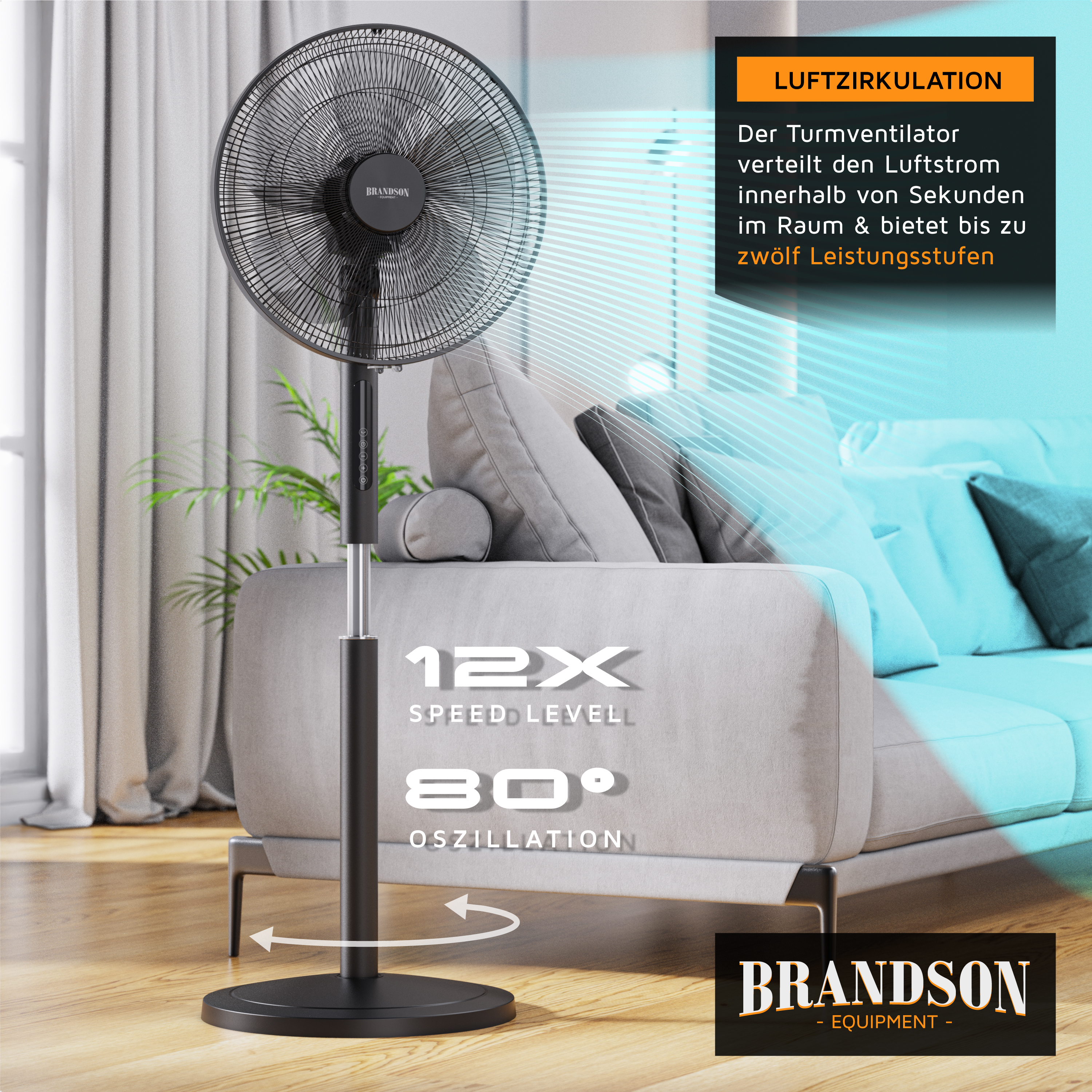 Brandson-Turmventilator mit elegantem schwarzem Design, einstellbarer Höhe und stabilem Sockel, positioniert in einem modernen Wohnzimmer.