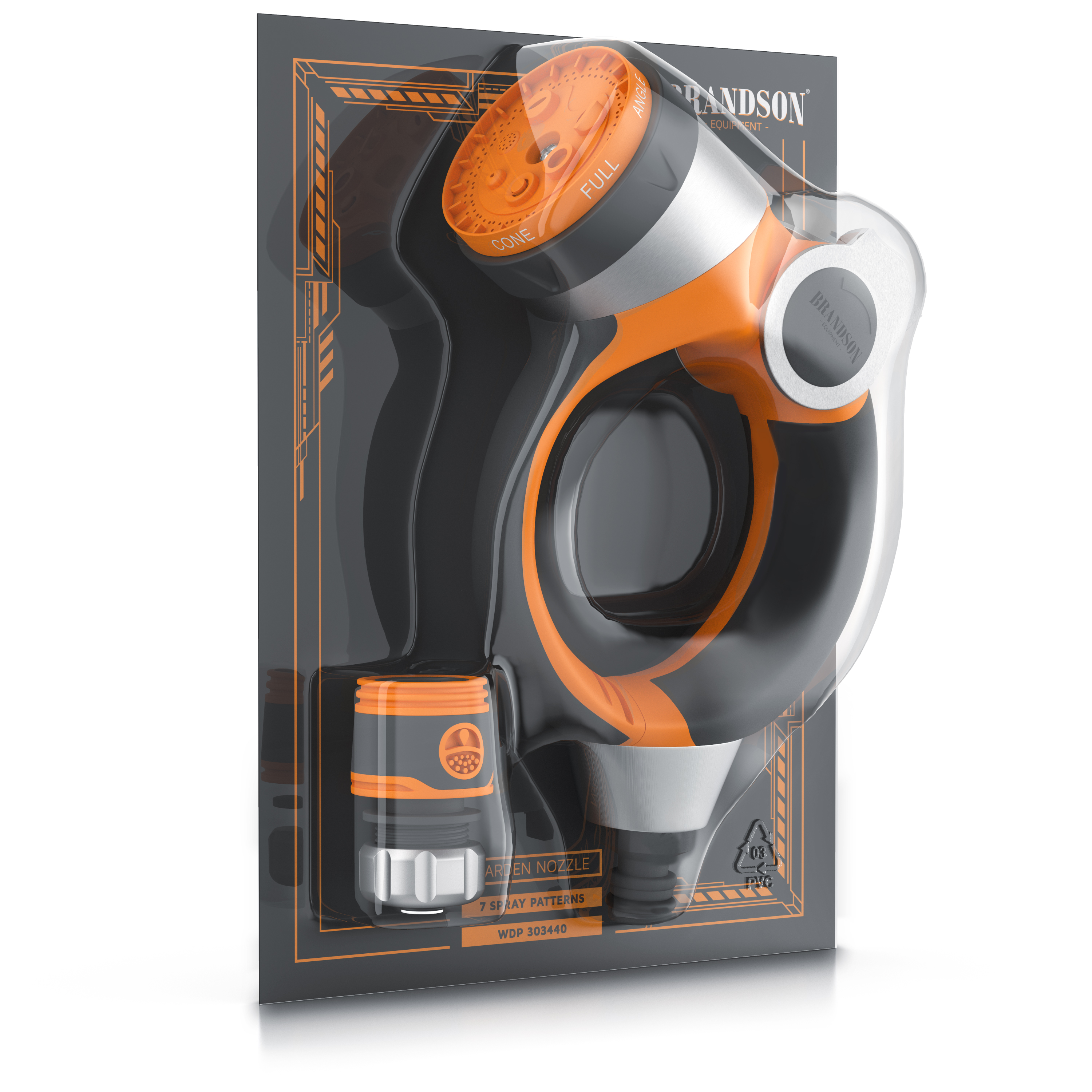 Brandson Gartenspritze mit ergonomischem Griff, orange und schwarz, 7 Sprühmuster, im transparenten Verpackungsdesign.