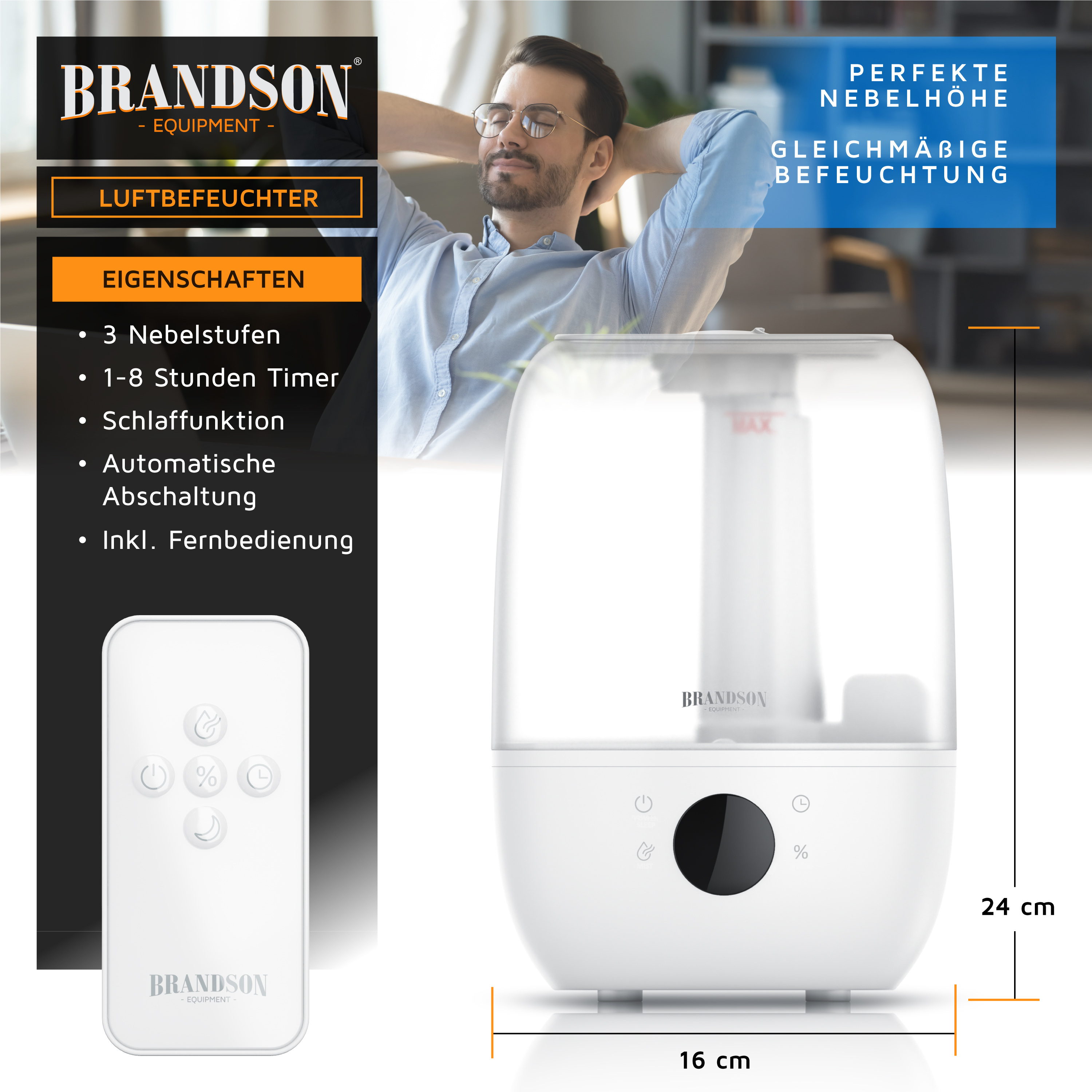 Brandson Luftbefeuchter in Weiß mit transparentem Wassertank, Bedienfeld und Fernbedienung, ideal für gleichmäßige Befeuchtung.