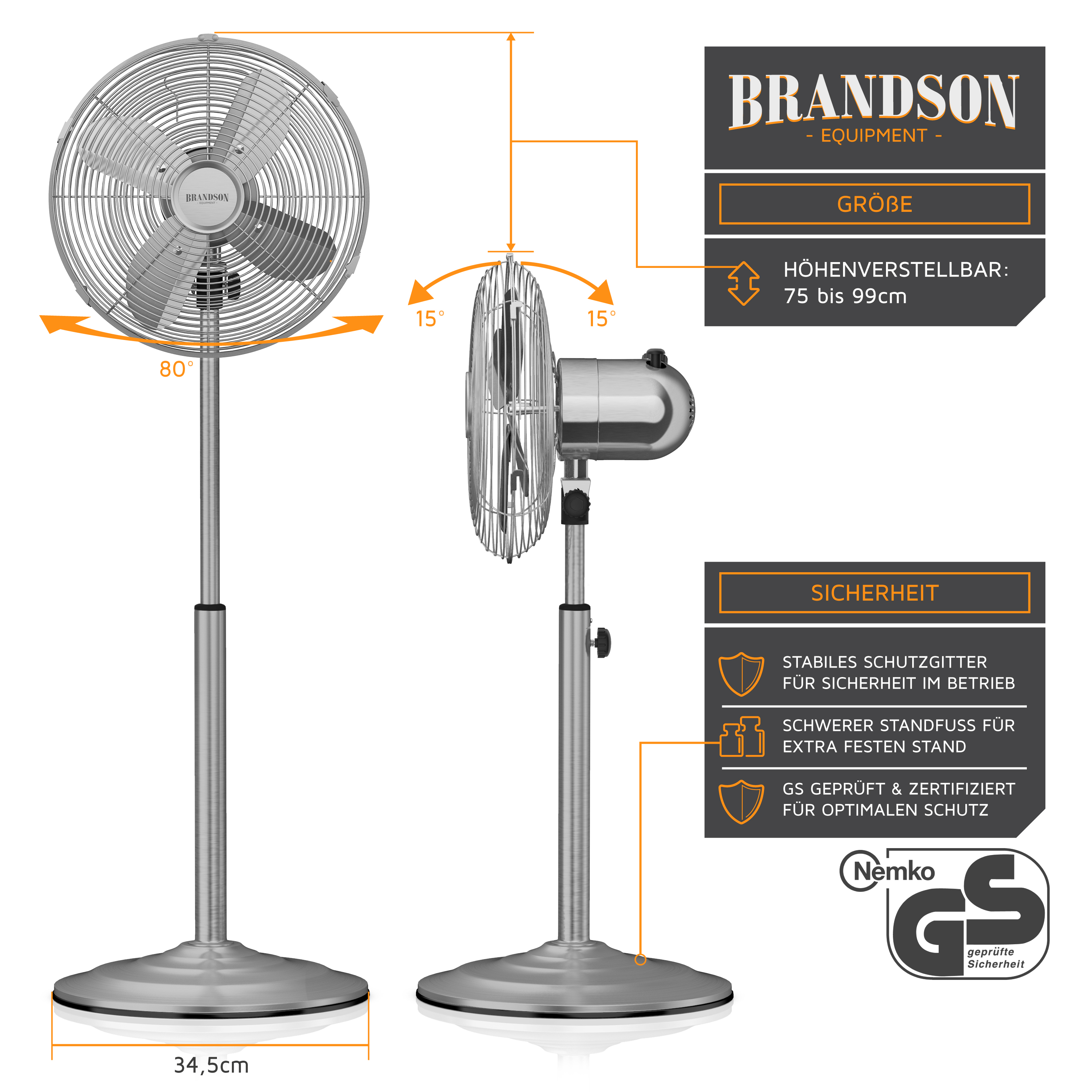 Standventilator von Brandson mit verstellbarer Höhe, metallischem Finish, stabilem Standfuß und Sicherheitsgitter für sicheren Betrieb.