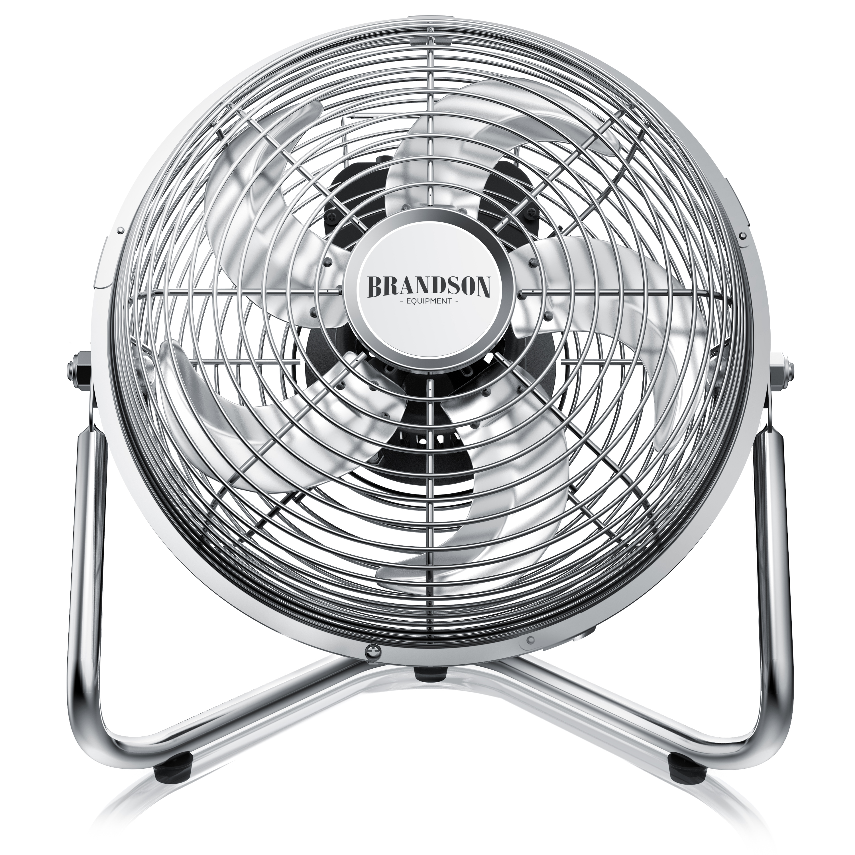 Brandson Standventilator mit silbernem Metallgitter, stabilen Standfüßen und einem zentralen Markenlogo.