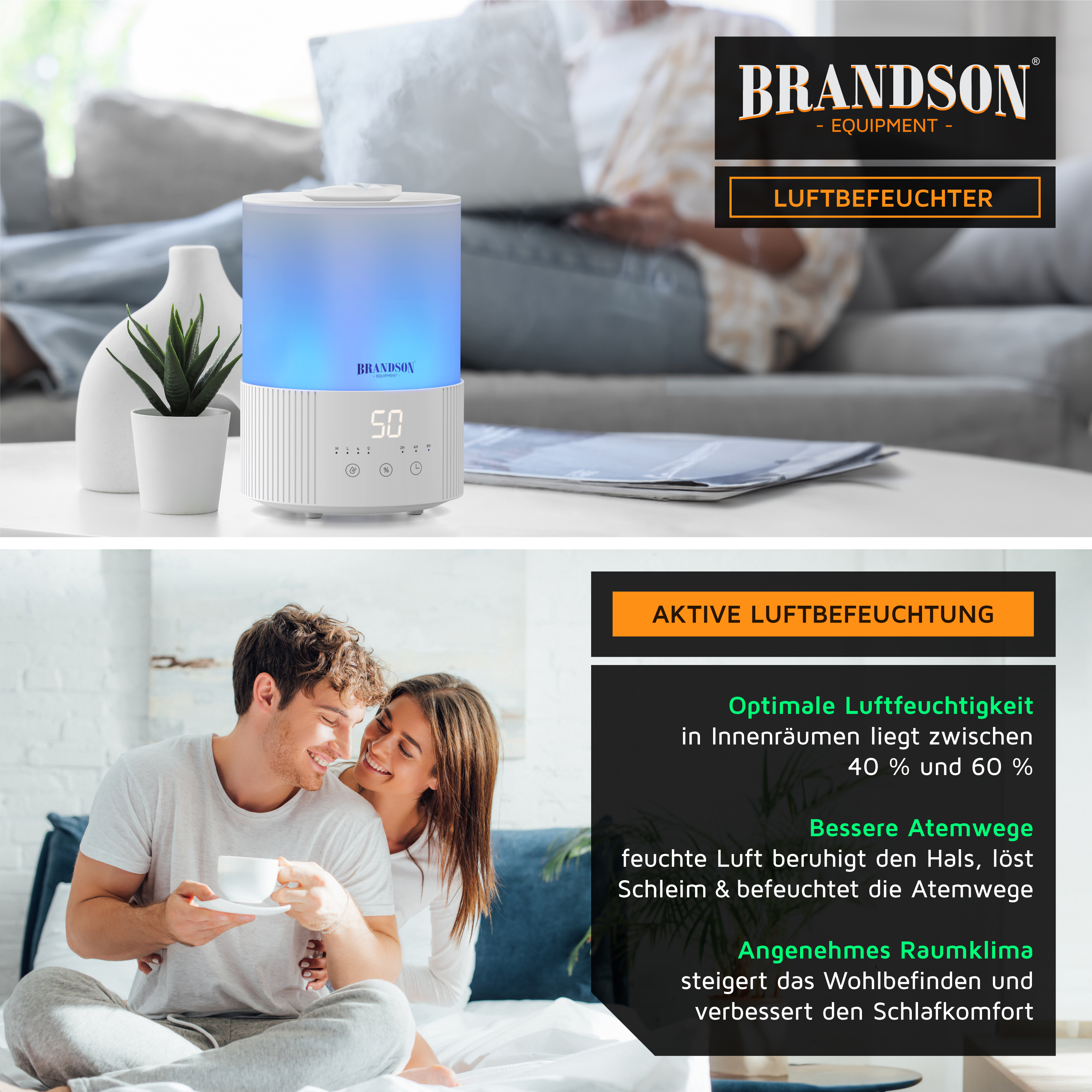 Brandson Luftbefeuchter im modernen Design mit blauer LED-Beleuchtung, digitalem Display und Bedienfeld, platziert auf einem Tisch.