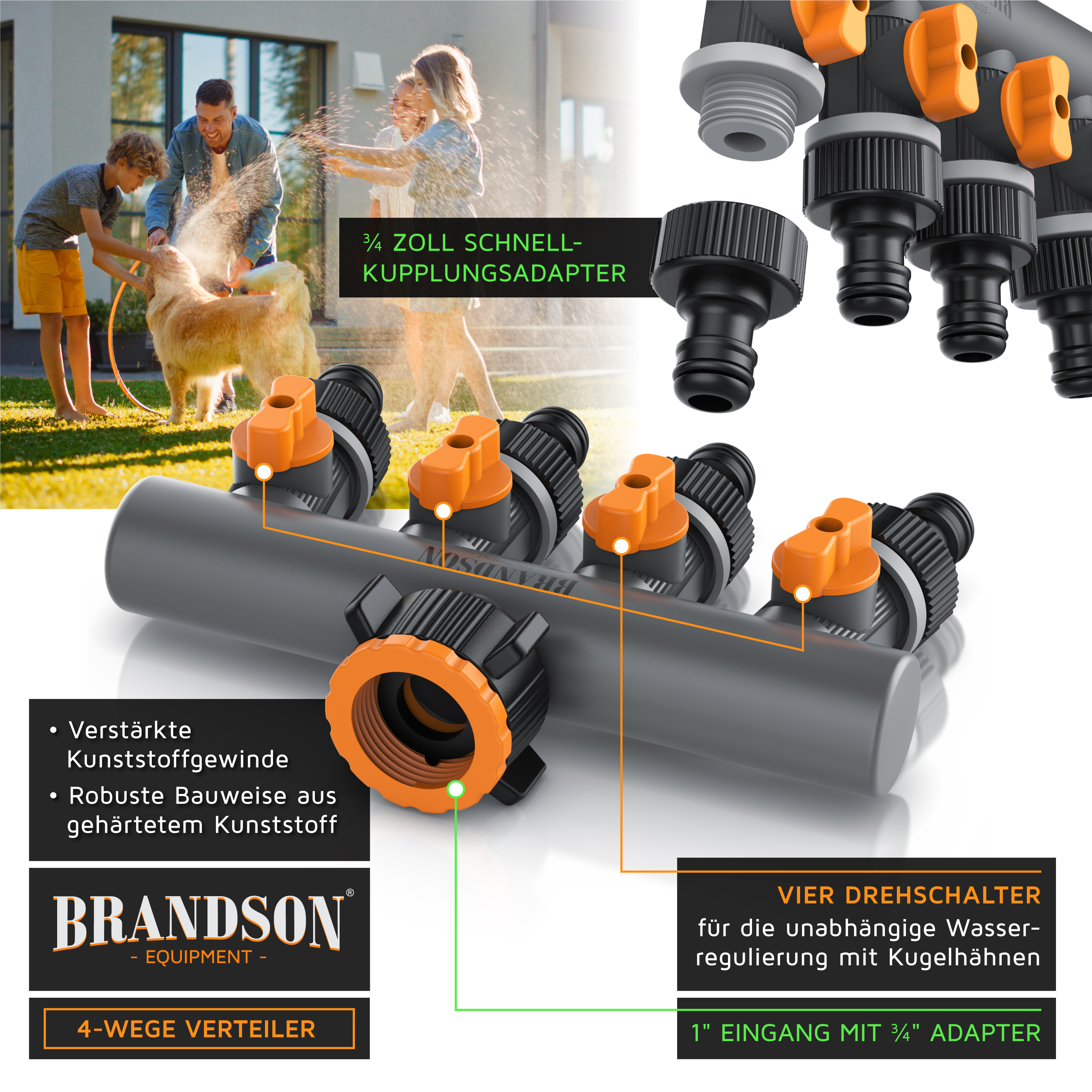 Brandson 4-Wege-Verteiler mit verstärkten Kunststoffgewinden, robustem Design und vier unabhängigen Wasserkontrollknöpfen für den Gartengebrauch.