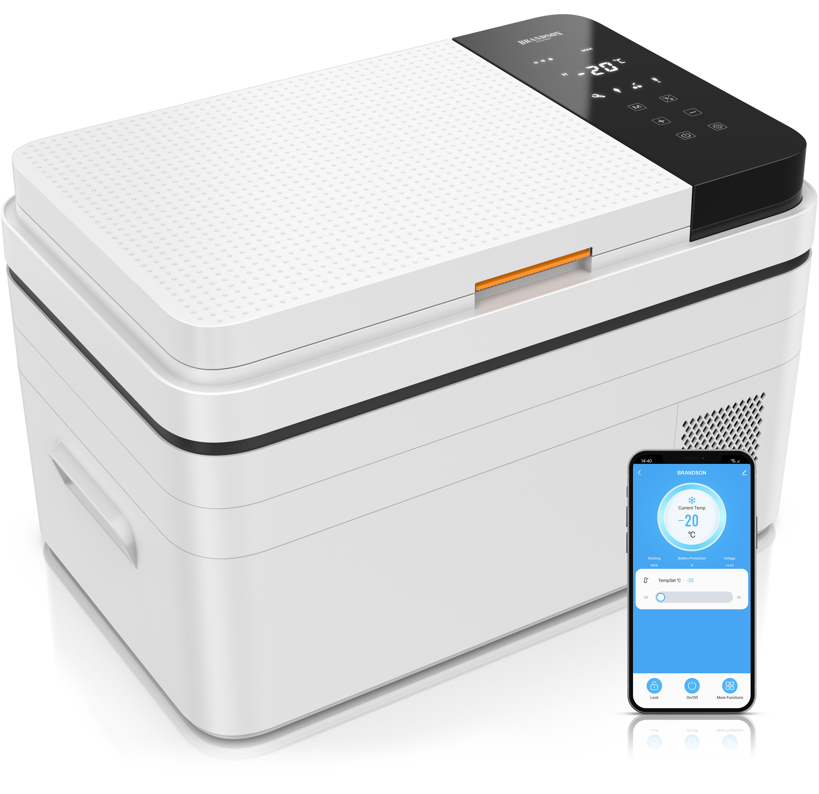 Brandson elektrische Kühlbox in Weiß mit digitalem Display und App-Steuerung, seitliche Griffe für einfachen Transport.