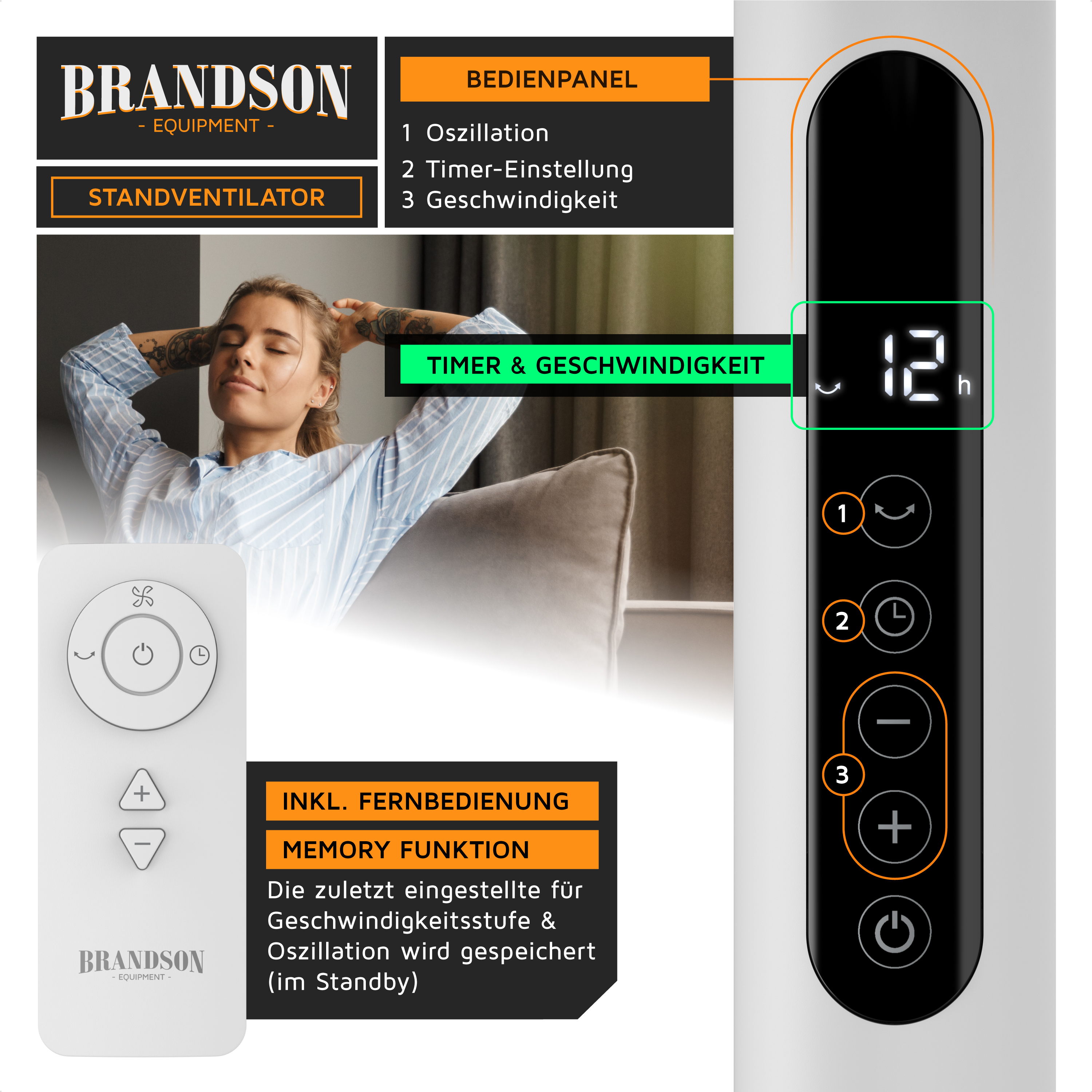 Standventilator von Brandson mit elegantem Design, schwarzem Bedienfeld, Fernbedienung und Timer-Funktion, die auf dem digitalen Bildschirm angezeigt wird.