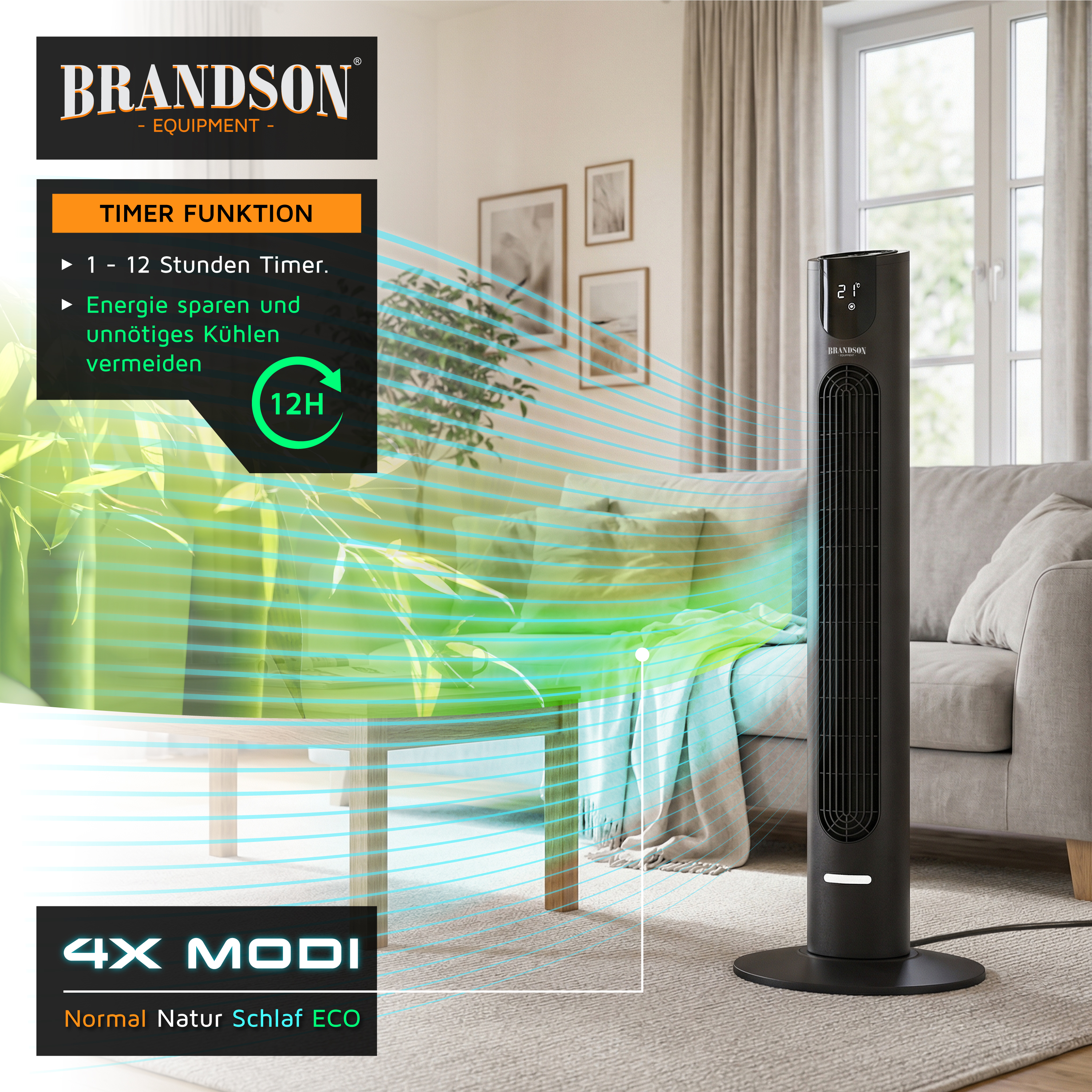 Brandson Turmventilator in Schwarz mit Digitalanzeige und Timerfunktion, platziert in einem Wohnzimmer in der Nähe einer Couch und Pflanzen.