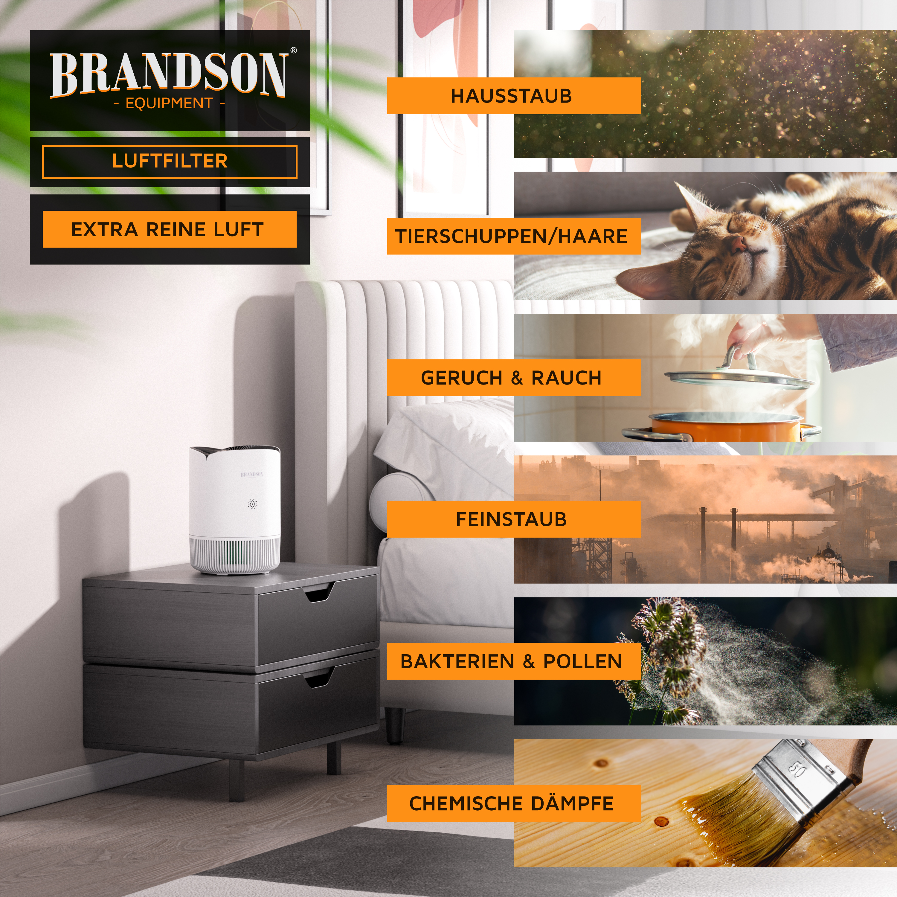Brandson Luftfilter in Weiß auf einem Nachttisch, umgeben von einem modernen Schlafzimmer mit einer hellen Wand und einem Bett.