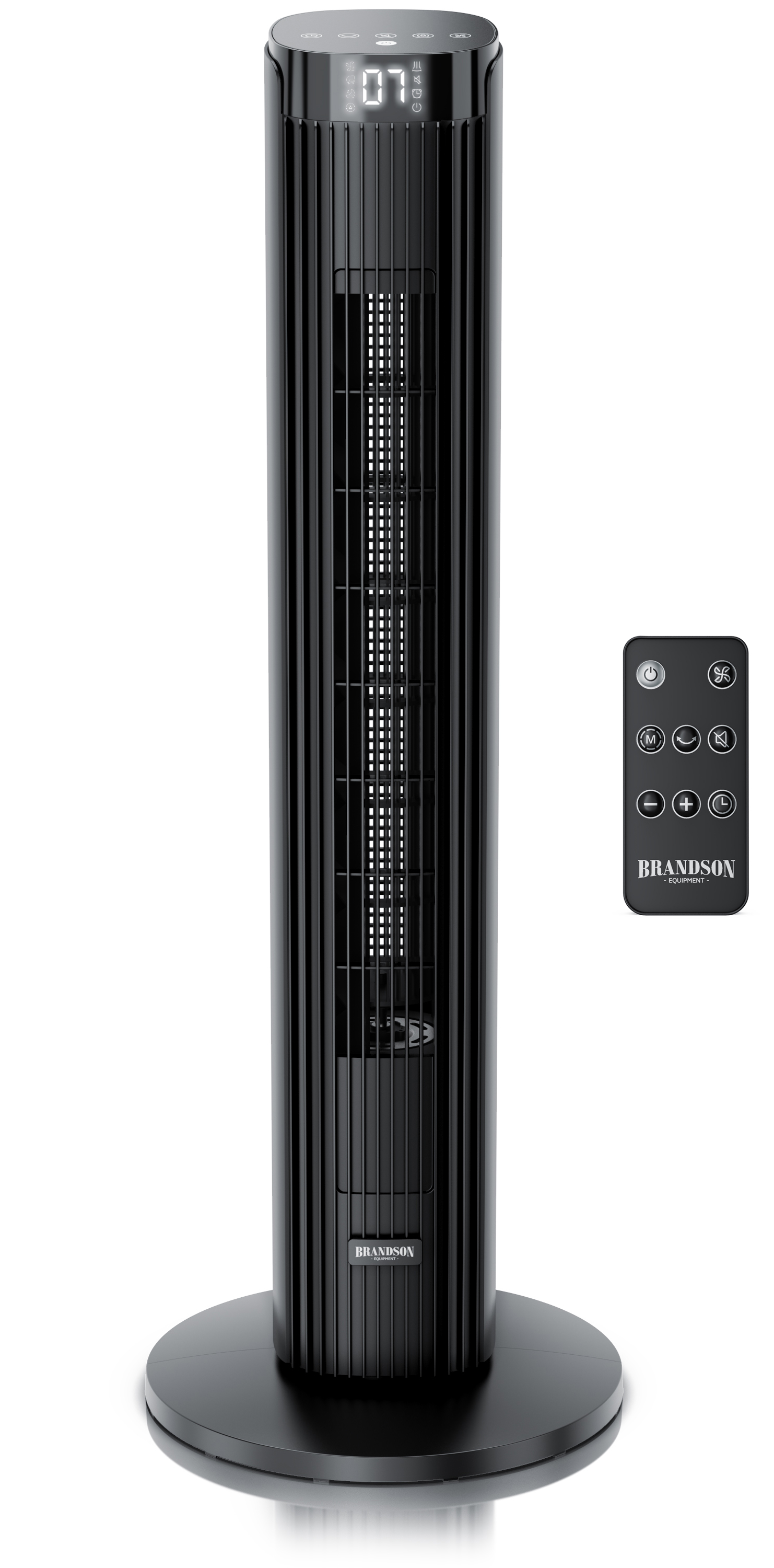 Brandson Turmventilator in Schwarz mit vertikalen Lamellen, Digitalanzeige und Fernbedienung, konzipiert für effiziente Kühlung.