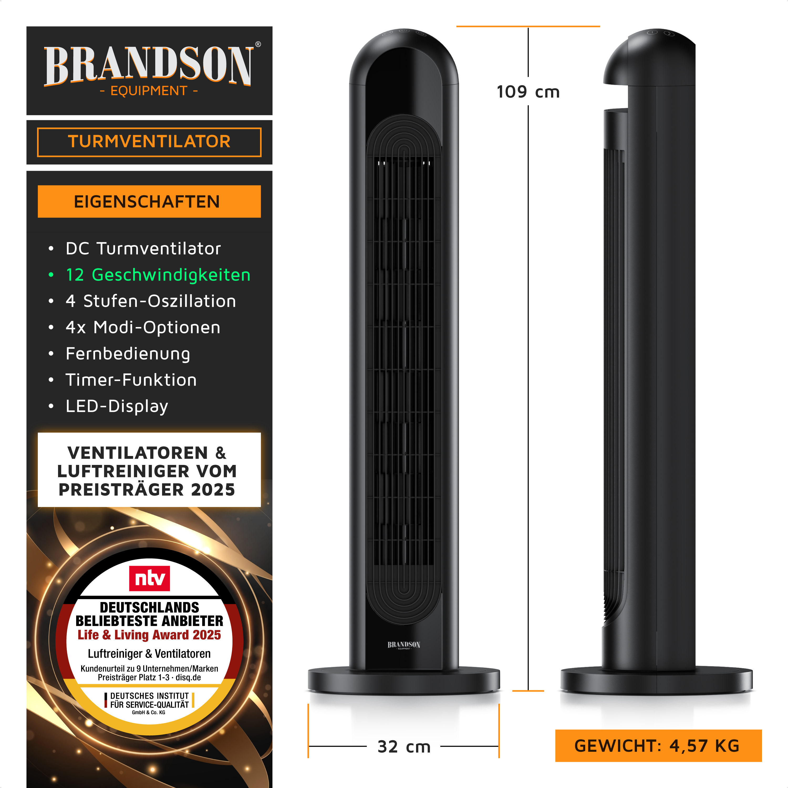 Brandson Turmventilator in Schwarz mit LED-Display, Fernbedienung und stabiler Standbasis, 109 cm hoch.