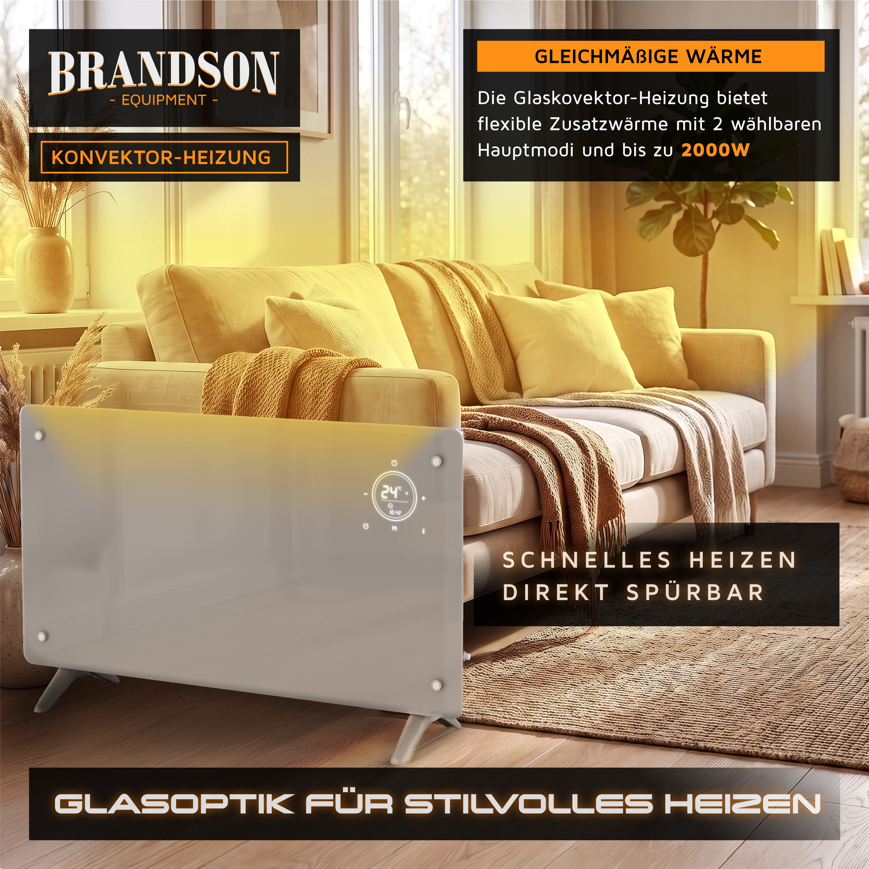 Glas-Konvektionsheizgerät von Brandson mit elegantem weißem Panel, Digitalanzeige und Standfüßen, platziert in einem gemütlichen Wohnzimmerambiente mit Sofa.