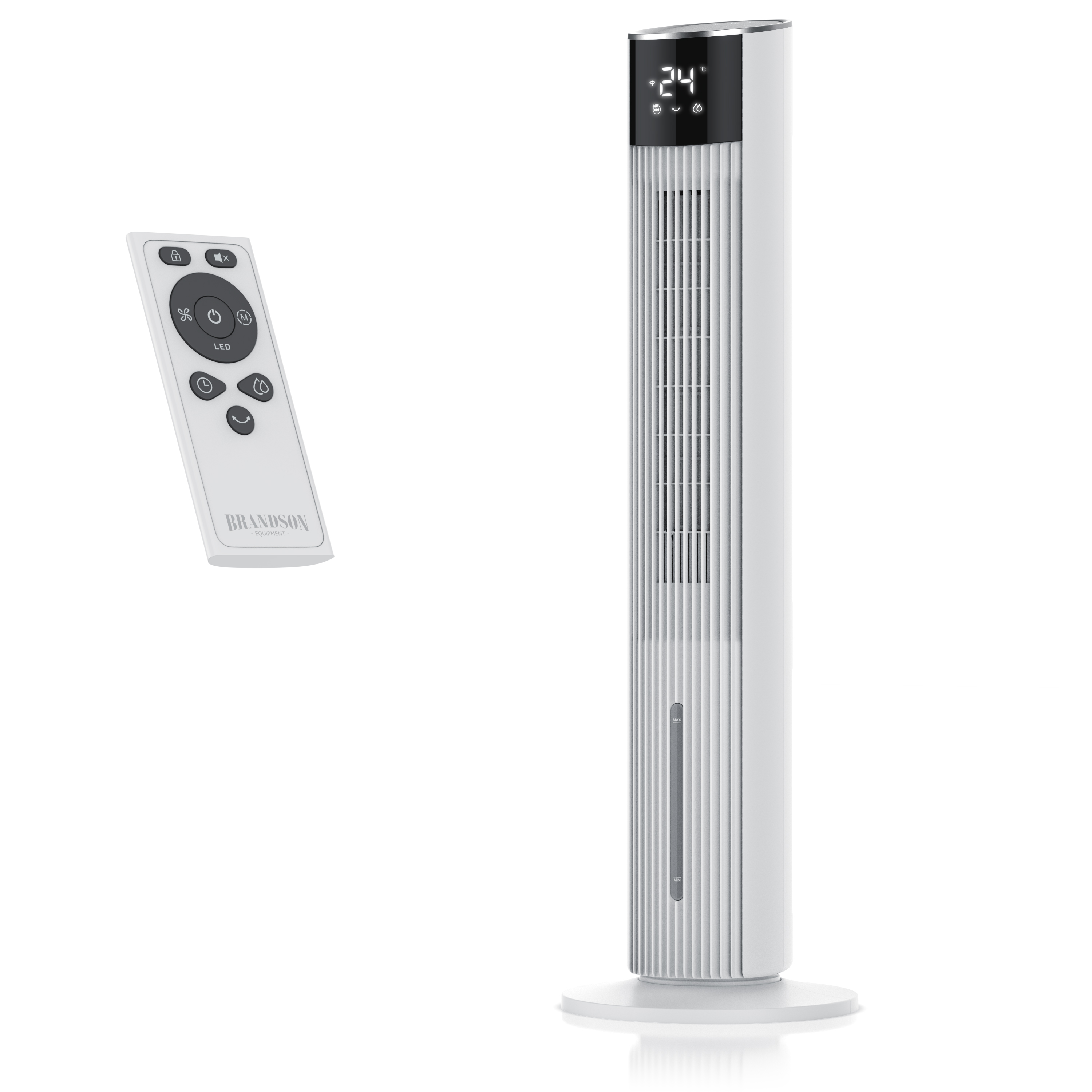 Brandson Turmventilator in Weiß mit Digitalanzeige und Fernbedienung, elegantem Design und stabilem Standfuß.